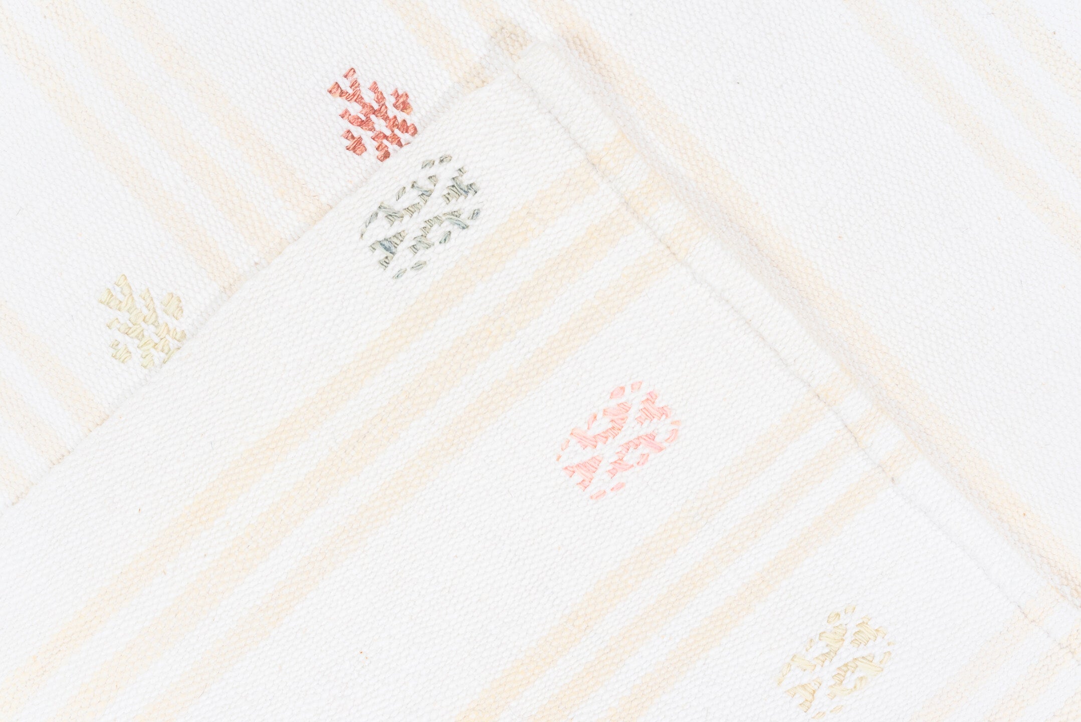 4' x 7' one-of-a-kind handmade antique Flatweave rug. Color palette: ivory, cream, taupe, camel, rose, rust, charcoal, gold