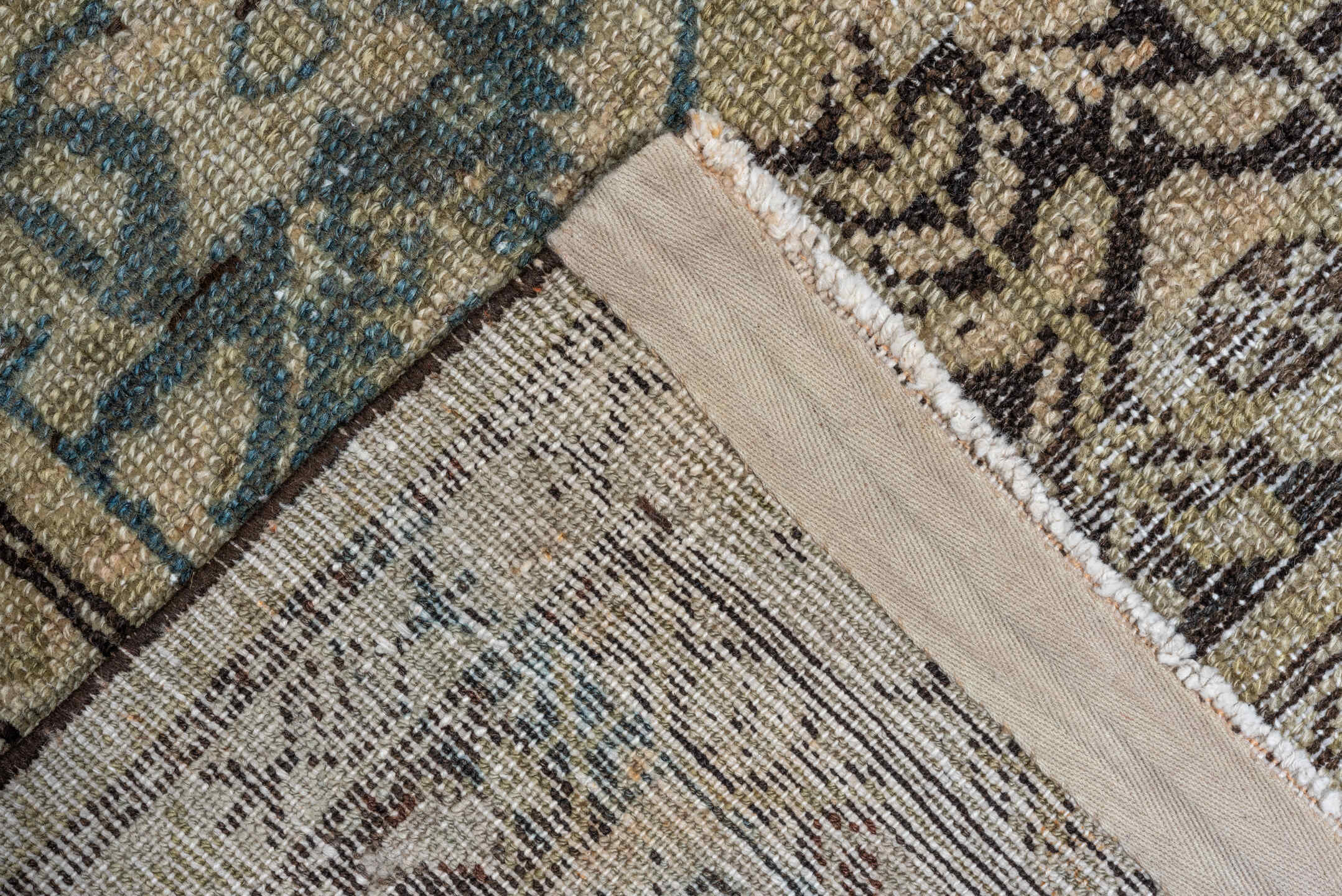 7' x 15' one-of-a-kind handmade antique Malayer rug. Color palette: ivory, taupe, brown, charcoal, pale blue, beige, gray