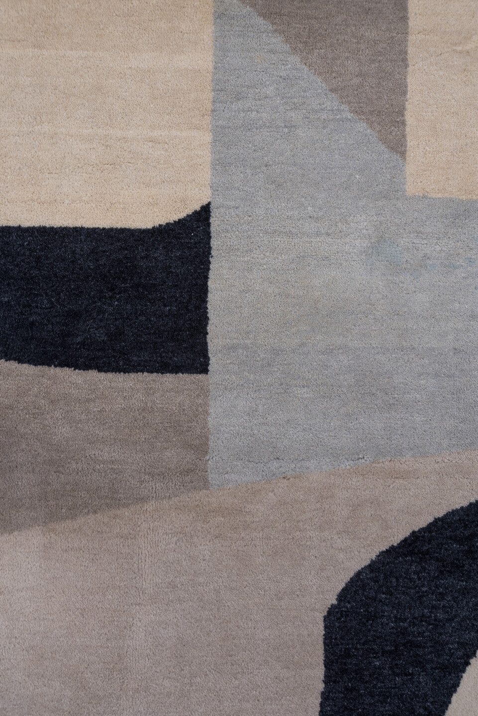 12' x 13' one-of-a-kind handmade vintage Art Deco oversize rug. Color palette: black, blue, brown, dark gray, gray