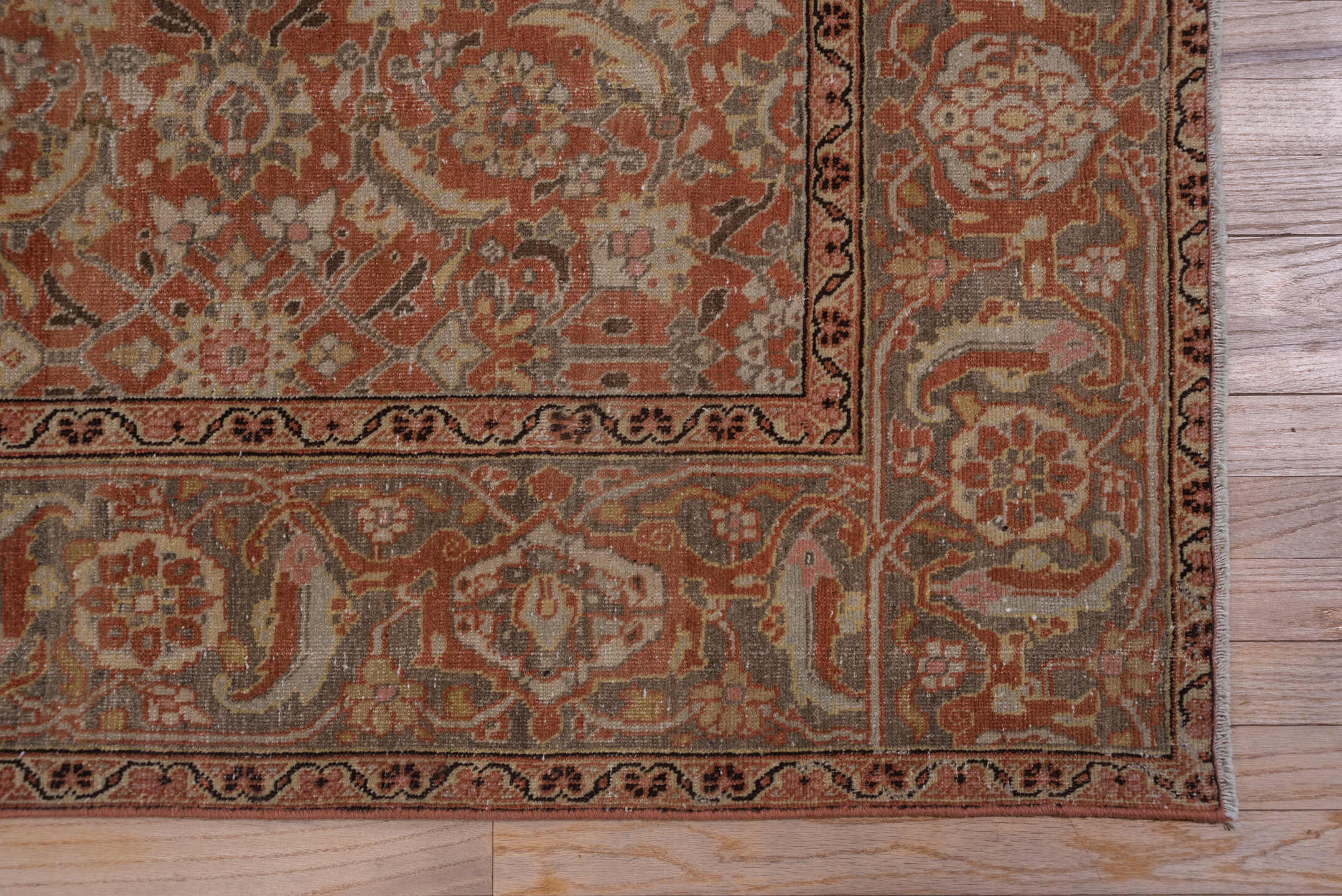 6' x 10' one-of-a-kind handmade antique Tabriz large size rug. Color palette: terra cotta, rust, slate, ivory, taupe, camel