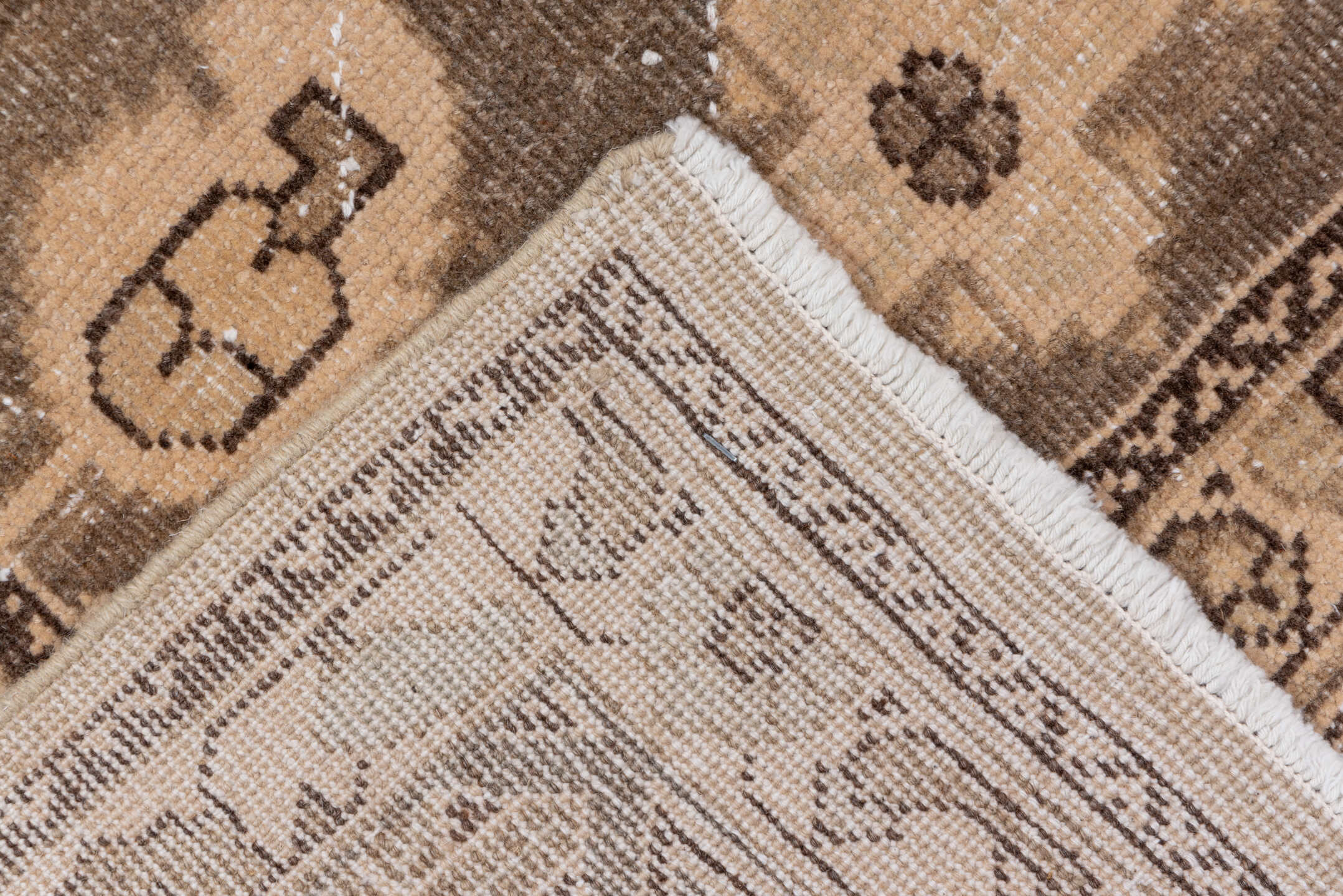 7' x 12' one-of-a-kind handmade antique Veece large size rug. Color palette: taupe, beige, brown, ivory, camel, charcoal