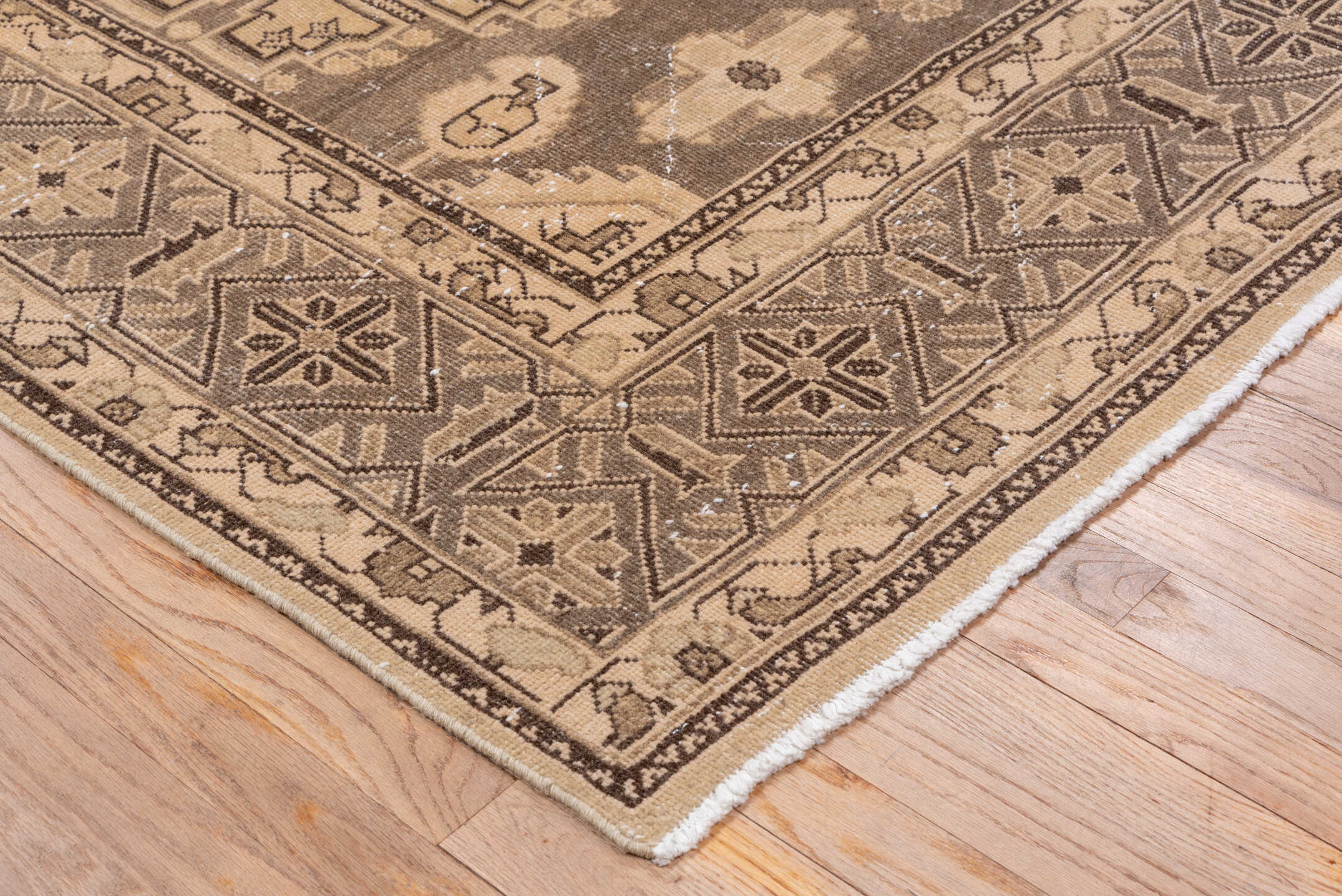 7' x 12' one-of-a-kind handmade vintage Veece large size rug. Color palette: brown, gray, light gray, off-white, orange