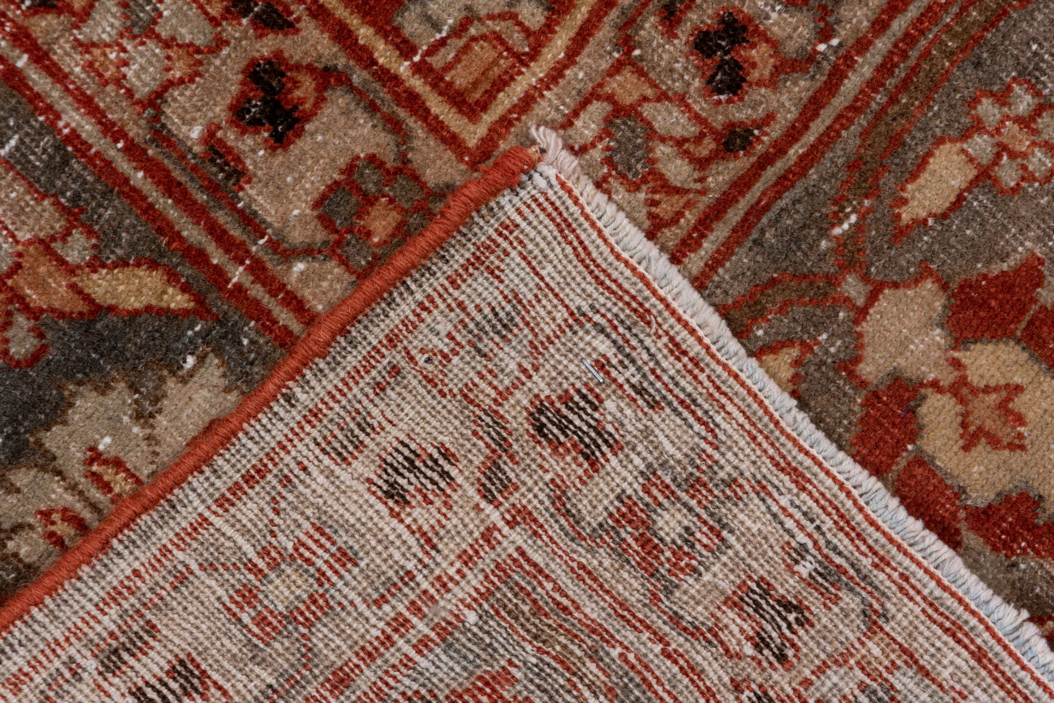 8' x 11' one-of-a-kind handmade antique Tabriz large size rug. Color palette: rust, ivory, slate, terra cotta, taupe
