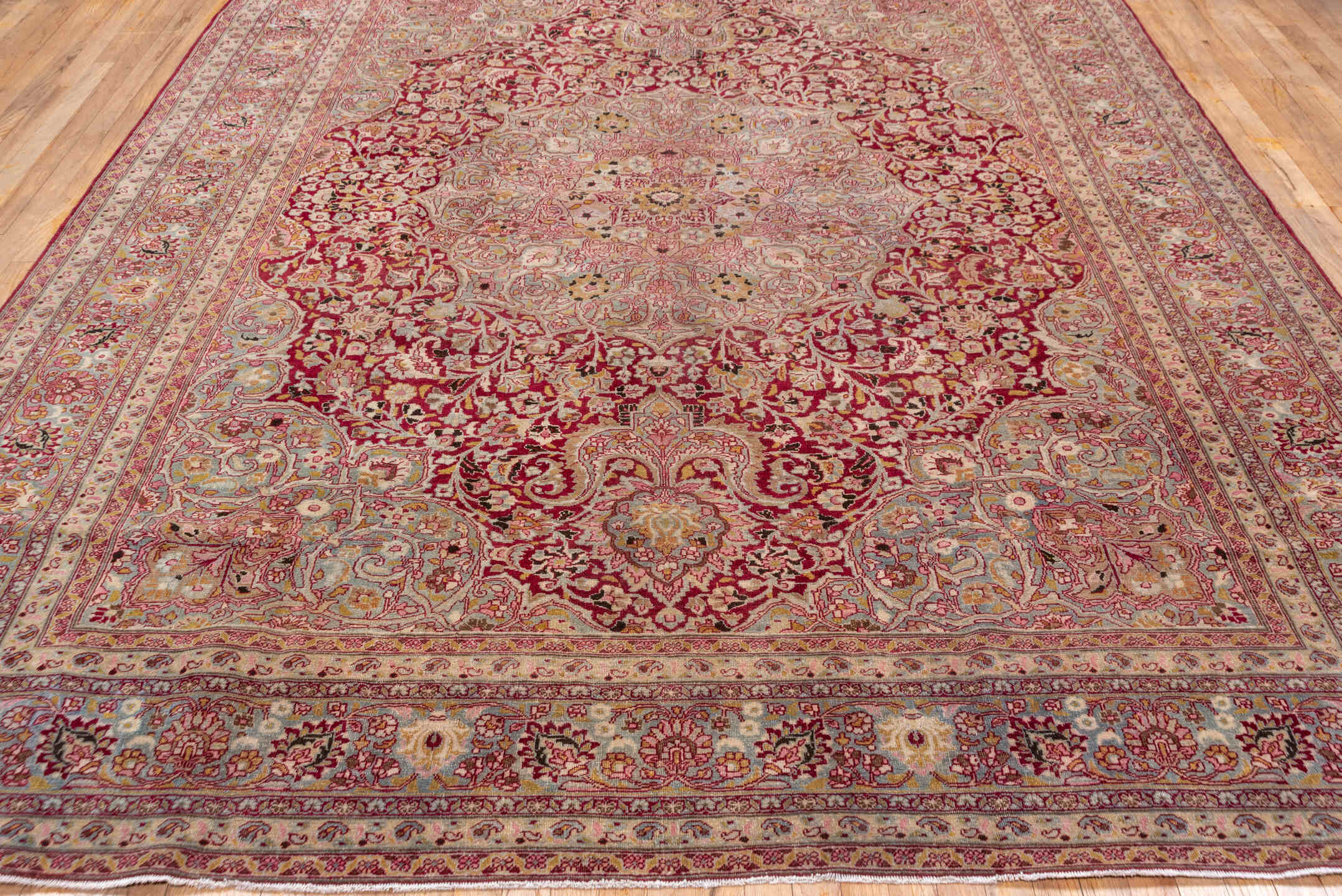 8' x 11' one-of-a-kind handmade antique Meshed large size rug. Color palette: ivory, burgundy, rose, blush, gold, sage
