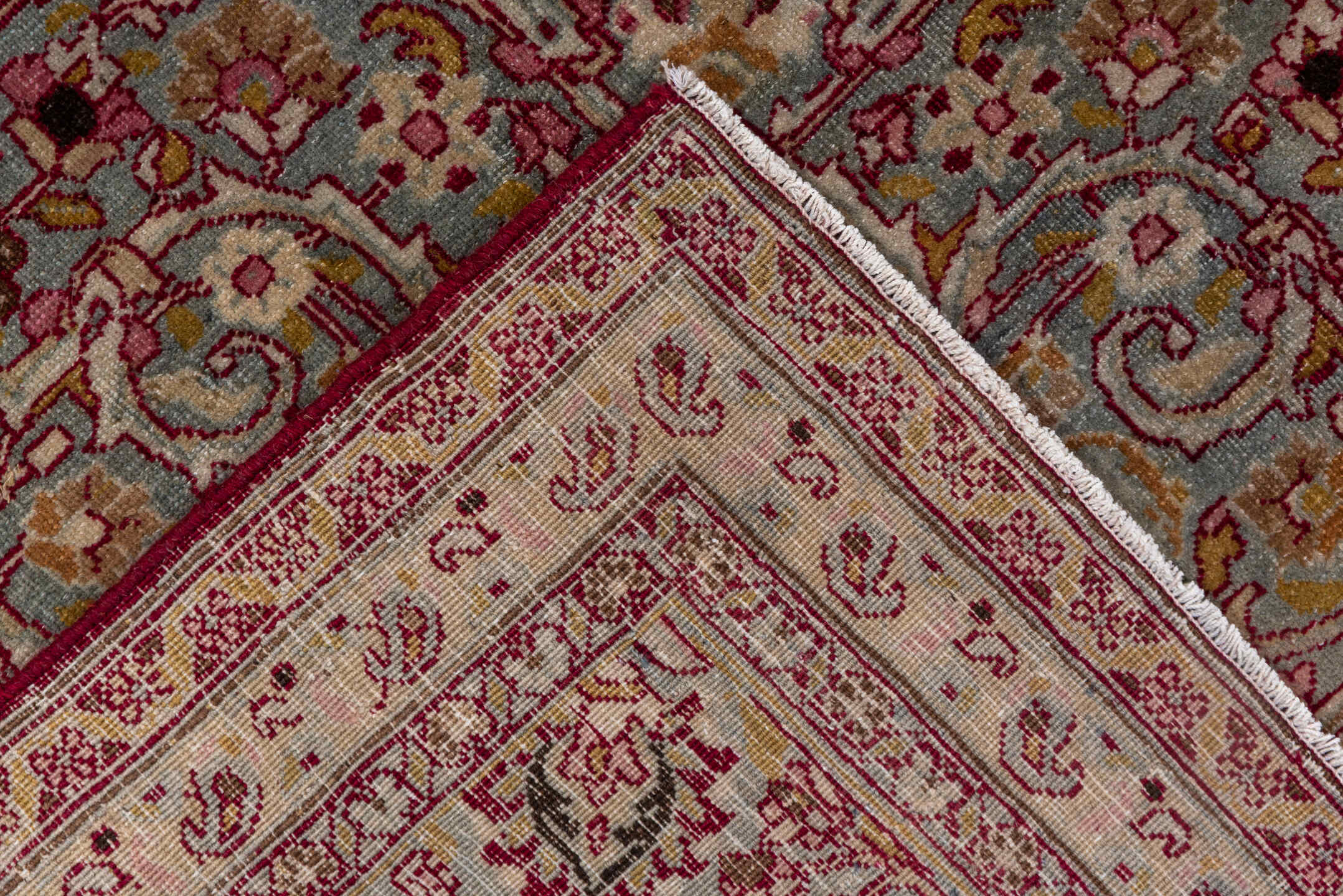 8' x 11' one-of-a-kind handmade antique Meshed large size rug. Color palette: ivory, burgundy, rose, blush, gold, sage