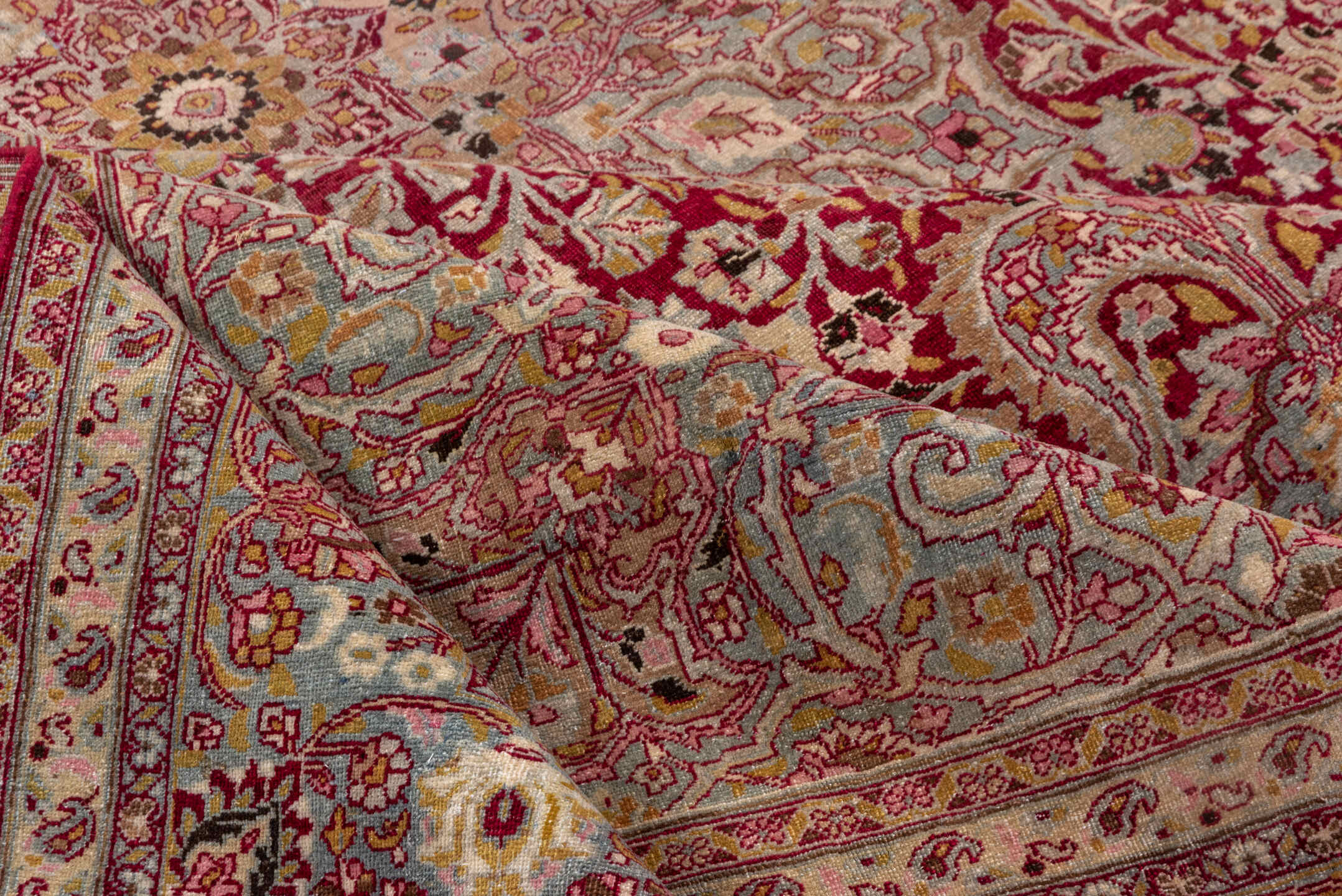 8' x 11' one-of-a-kind handmade antique Meshed large size rug. Color palette: ivory, burgundy, rose, blush, gold, sage