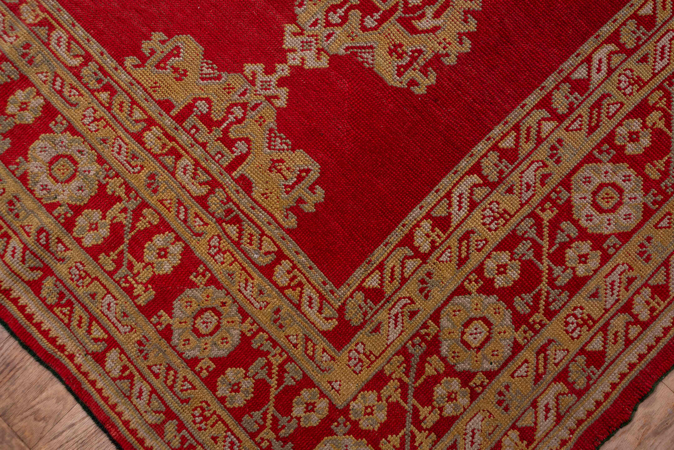 13' x 15' one-of-a-kind handmade antique Oushak oversize rug. Color palette: red, ivory, gold, rust, rose, terracotta, brown