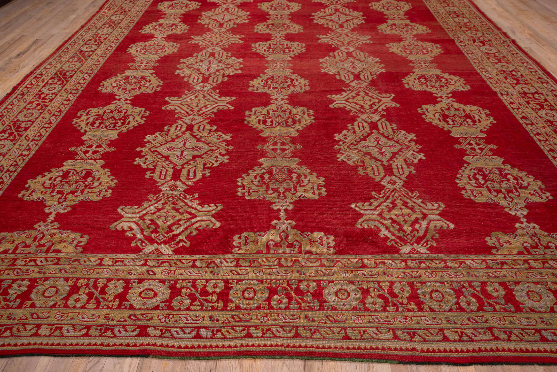 13' x 15' one-of-a-kind handmade antique Oushak oversize rug. Color palette: red, ivory, gold, rust, rose, terracotta, brown
