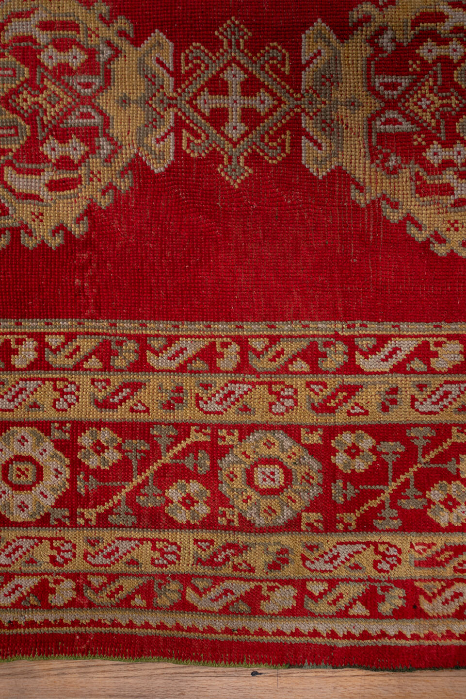 13' x 15' one-of-a-kind handmade antique Oushak oversize rug. Color palette: red, ivory, gold, rust, rose, terracotta, brown