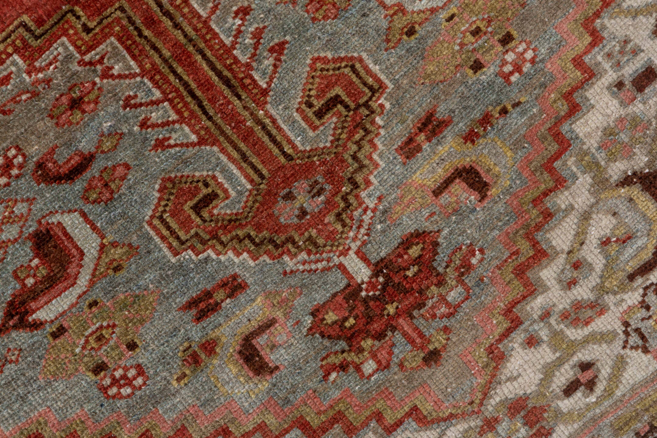 4' x 6' one-of-a-kind handmade vintage Malayer small size rug. Color palette: brown, gray, light gray, off-white, pink, red