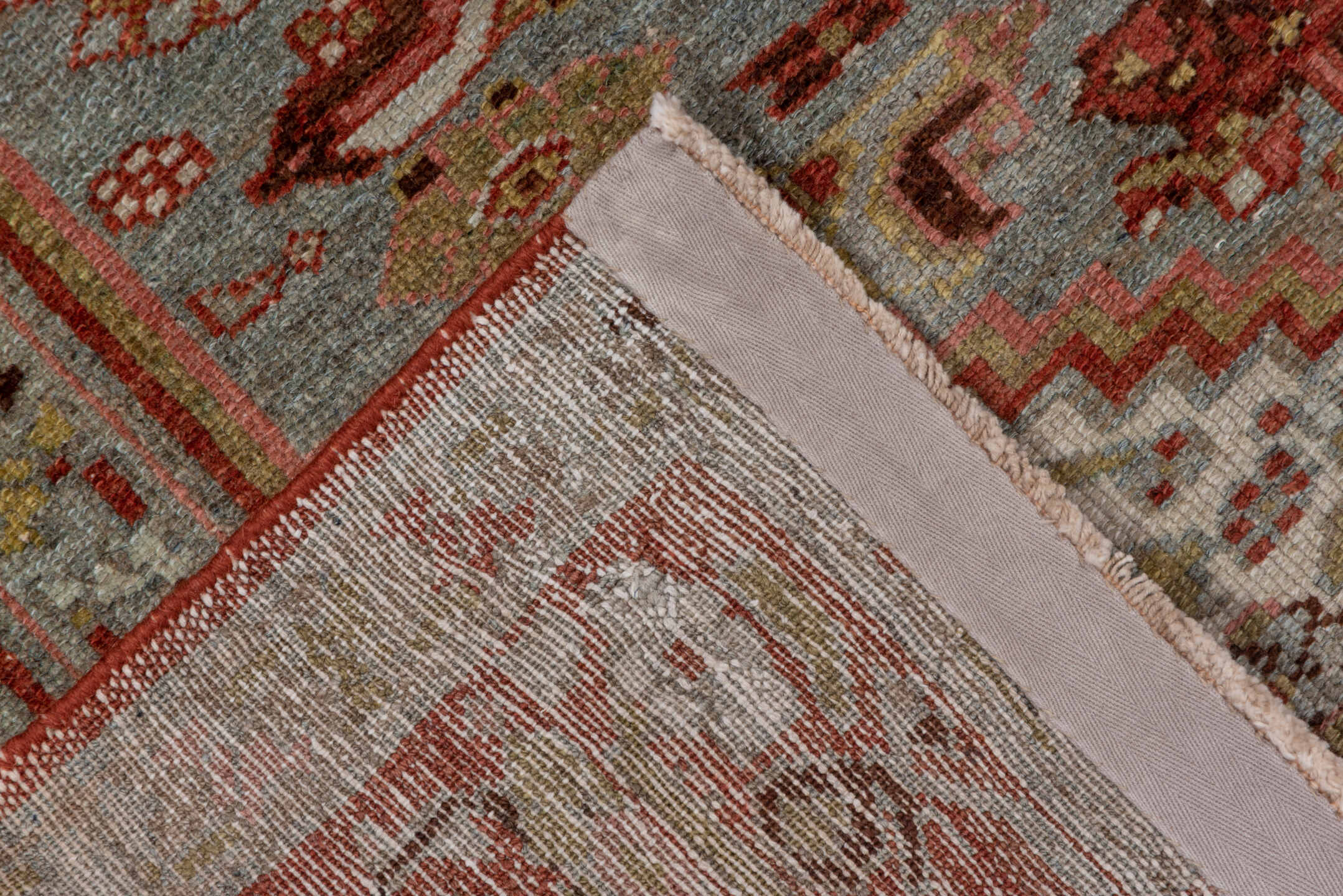4' x 6' one-of-a-kind handmade vintage Malayer small size rug. Color palette: brown, gray, light gray, off-white, pink, red