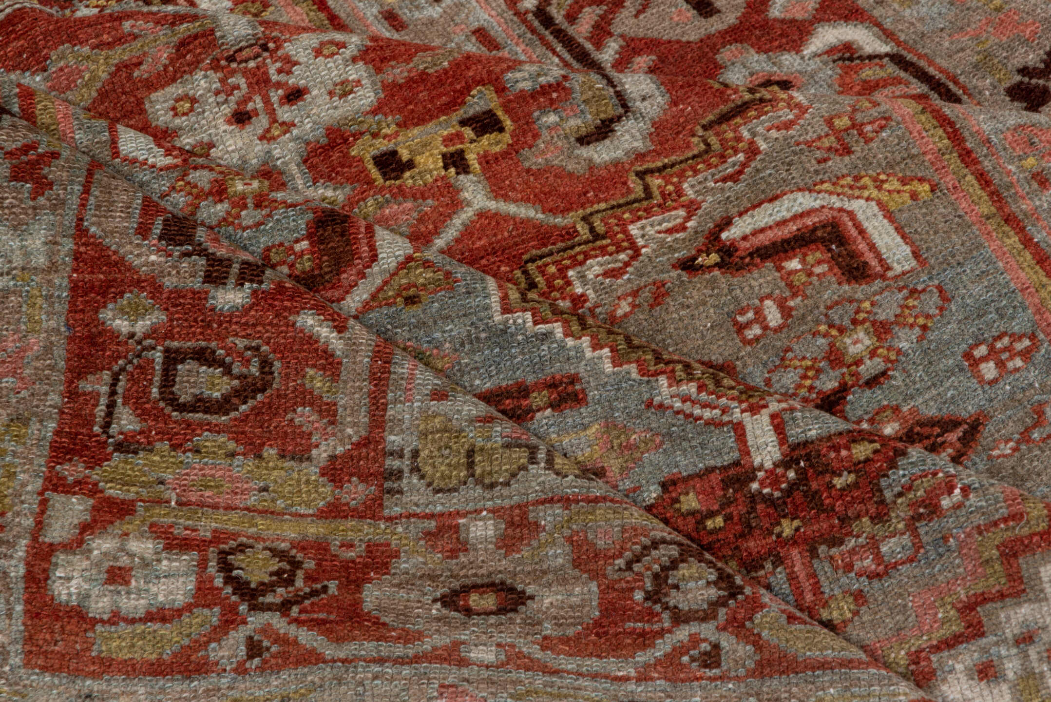 4' x 6' one-of-a-kind handmade vintage Malayer small size rug. Color palette: brown, gray, light gray, off-white, pink, red