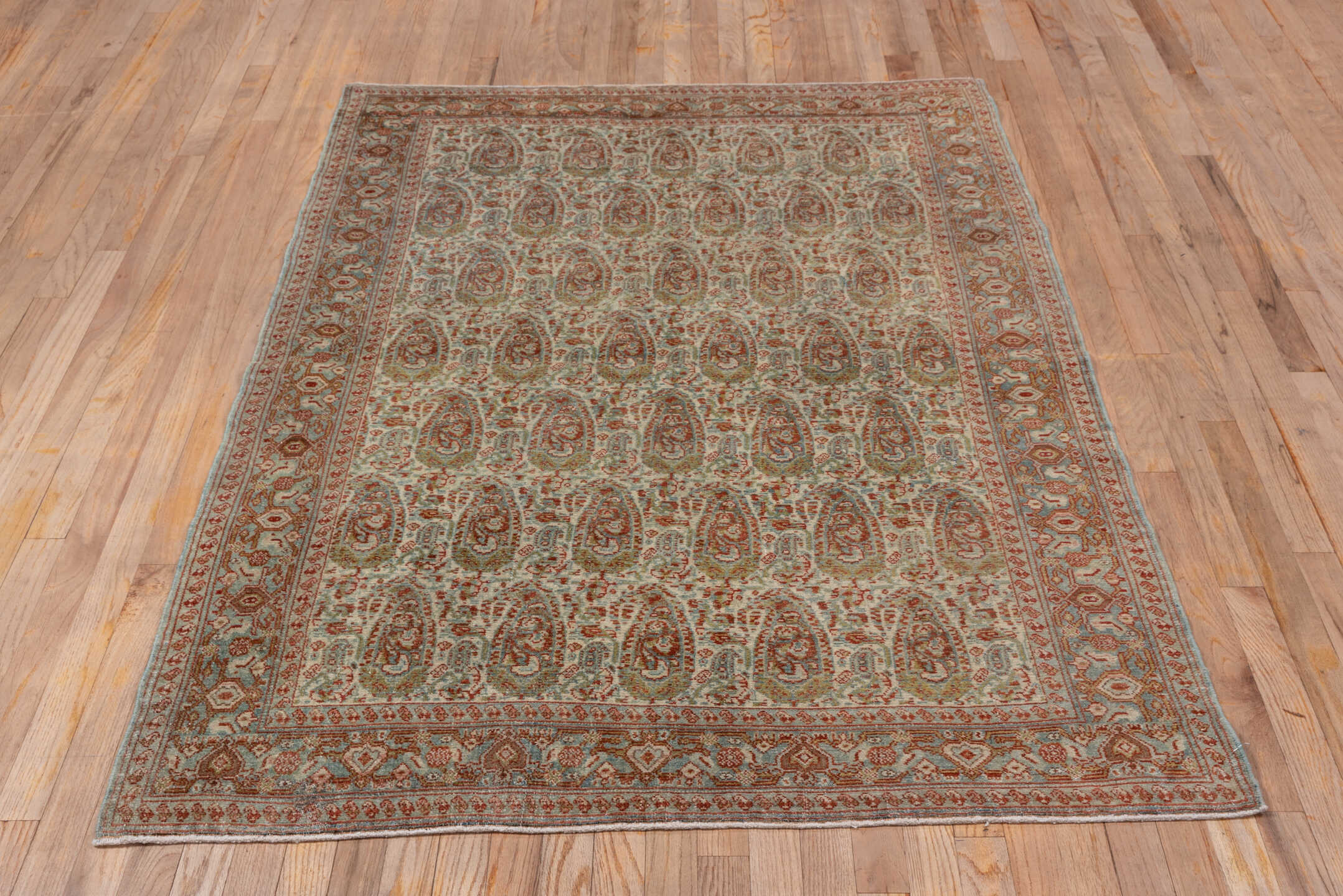 4' x 6' one-of-a-kind handmade antique Senne small size rug. Color palette: ivory, rust, light blue, sage, taupe, camel
