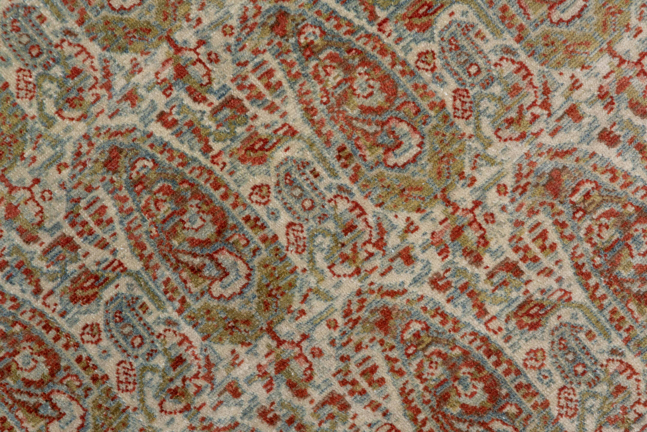 4' x 6' one-of-a-kind handmade antique Senne small size rug. Color palette: ivory, rust, light blue, sage, taupe, camel