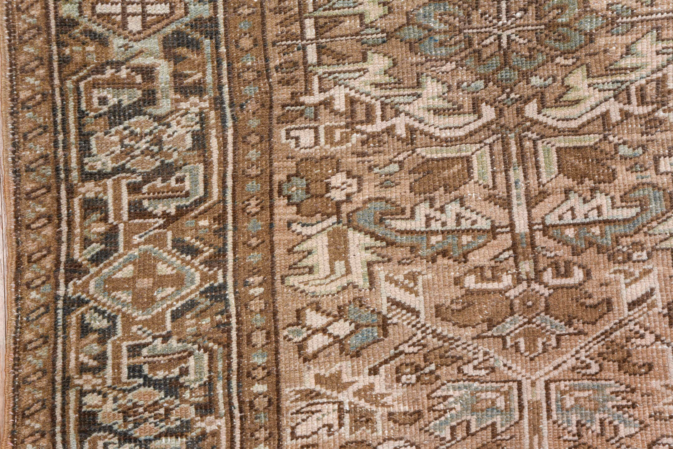 3' x 8' one-of-a-kind handmade antique Heriz runner rug. Color palette: taupe, brown, camel, ivory, beige, slate, gray