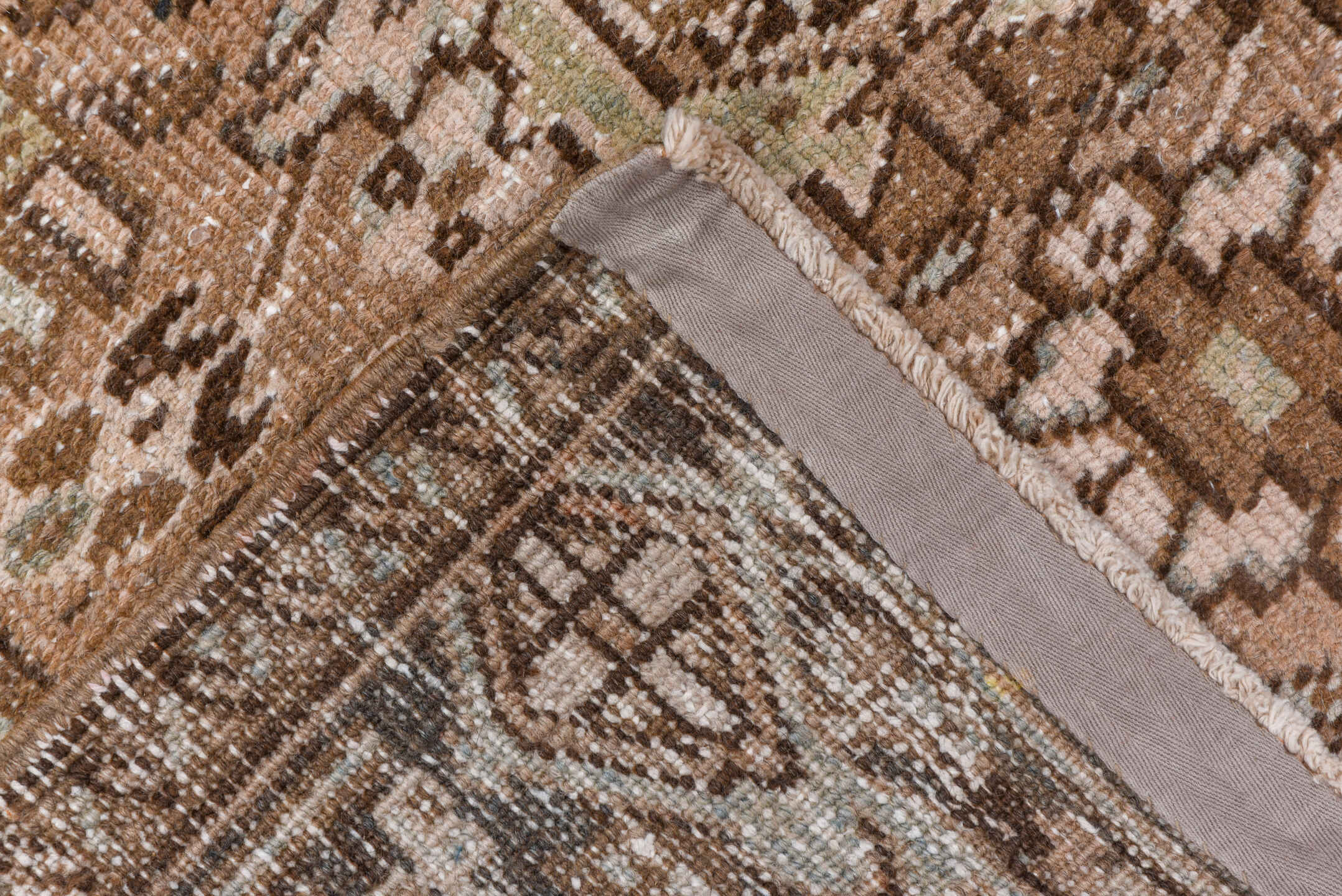 3' x 8' one-of-a-kind handmade vintage Heriz runner rug. Color palette: brown, gray, light gray, off-white, pink, redwood