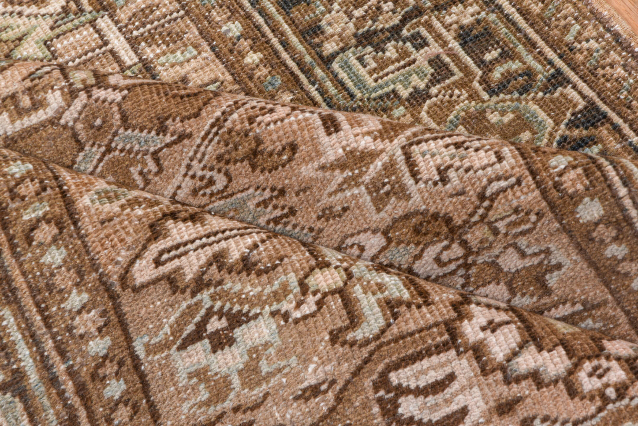 3' x 8' one-of-a-kind handmade antique Heriz runner rug. Color palette: taupe, brown, camel, ivory, beige, slate, gray
