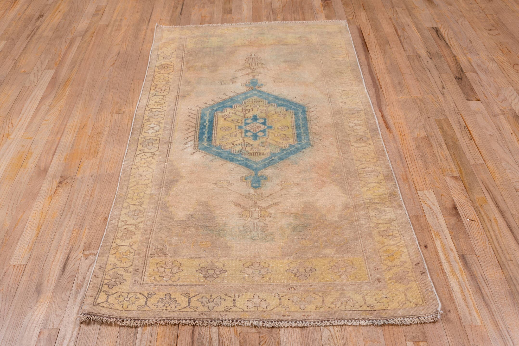 3' x 6' one-of-a-kind handmade antique Sarab small size rug. Color palette: taupe, camel, ivory, blue, sage, gold, brown