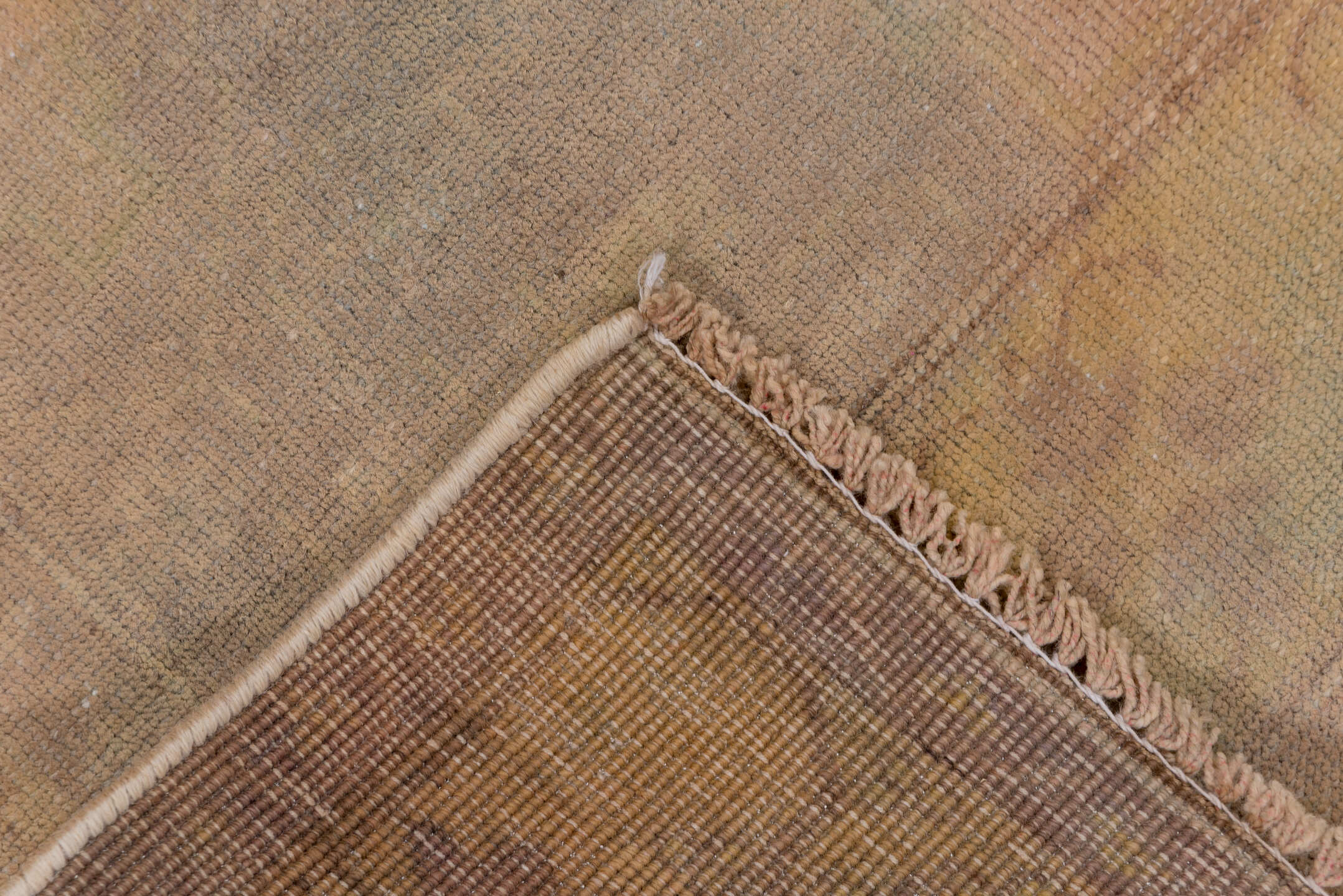 3' x 6' one-of-a-kind handmade antique Sarab small size rug. Color palette: taupe, camel, ivory, blue, sage, gold, brown