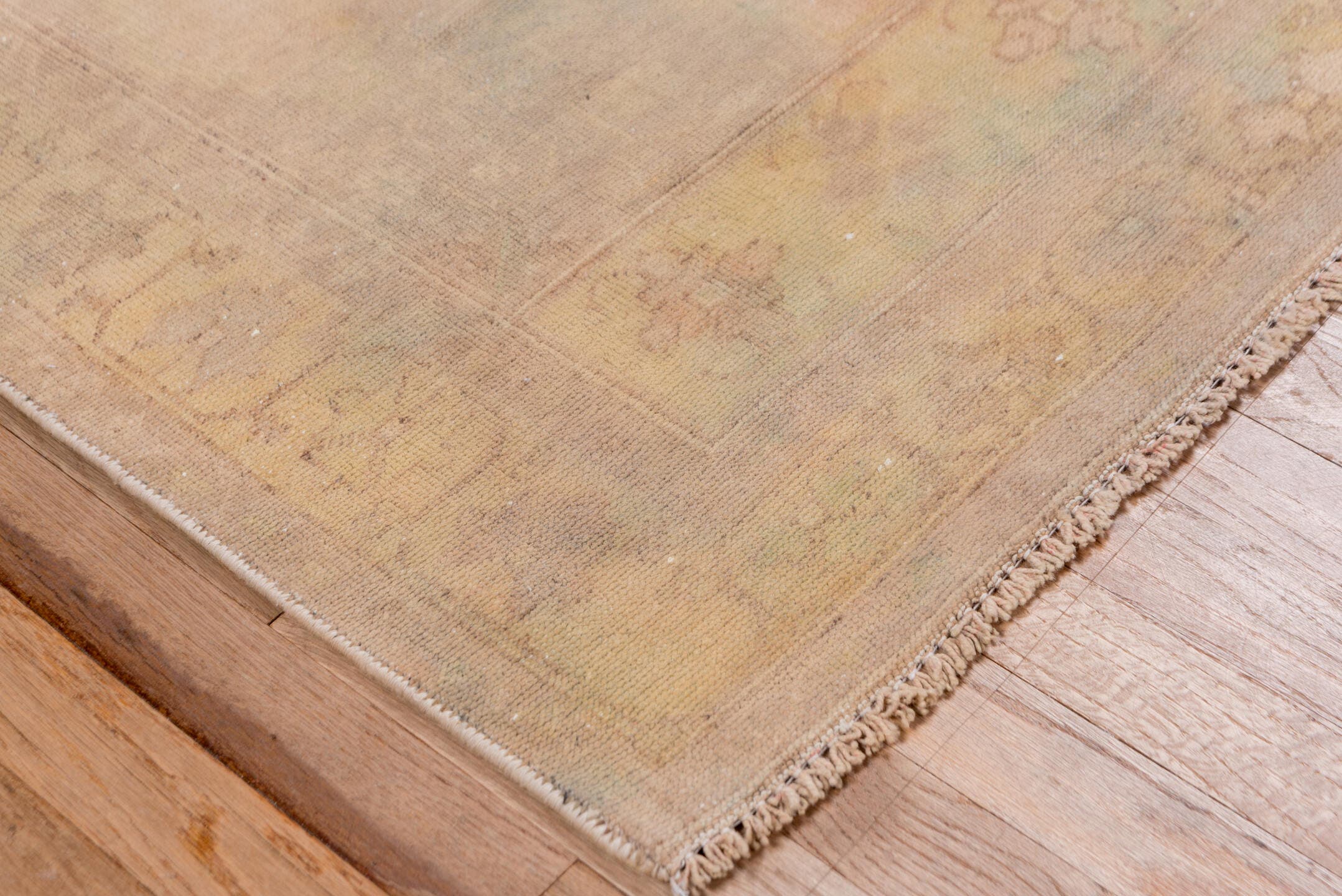 3' x 6' one-of-a-kind handmade antique Sarab small size rug. Color palette: taupe, camel, ivory, blue, sage, gold, brown
