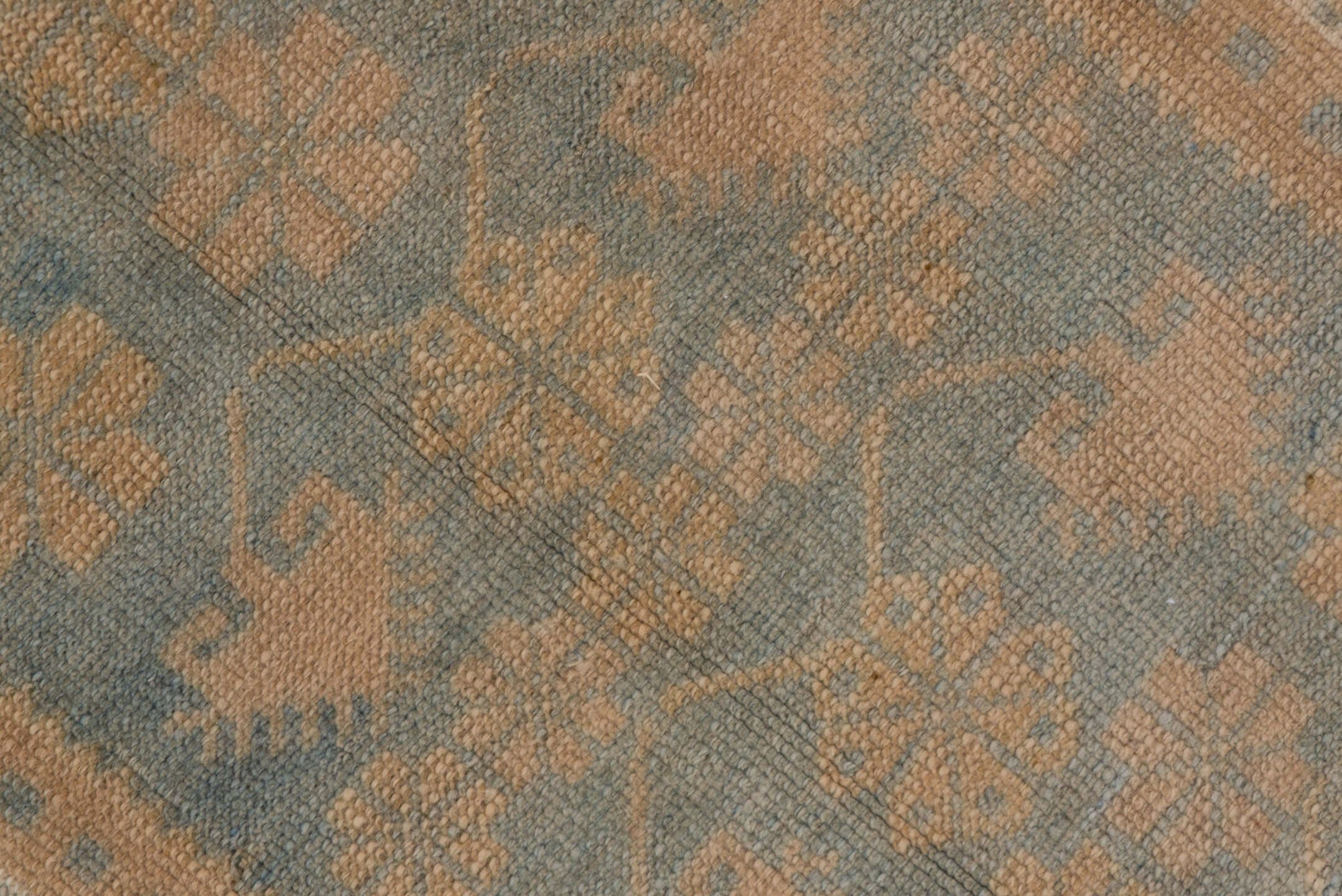 1' x 9' one-of-a-kind handmade antique Oushak rug. Color palette: camel, taupe, slate, ivory, sage, beige, gray, green