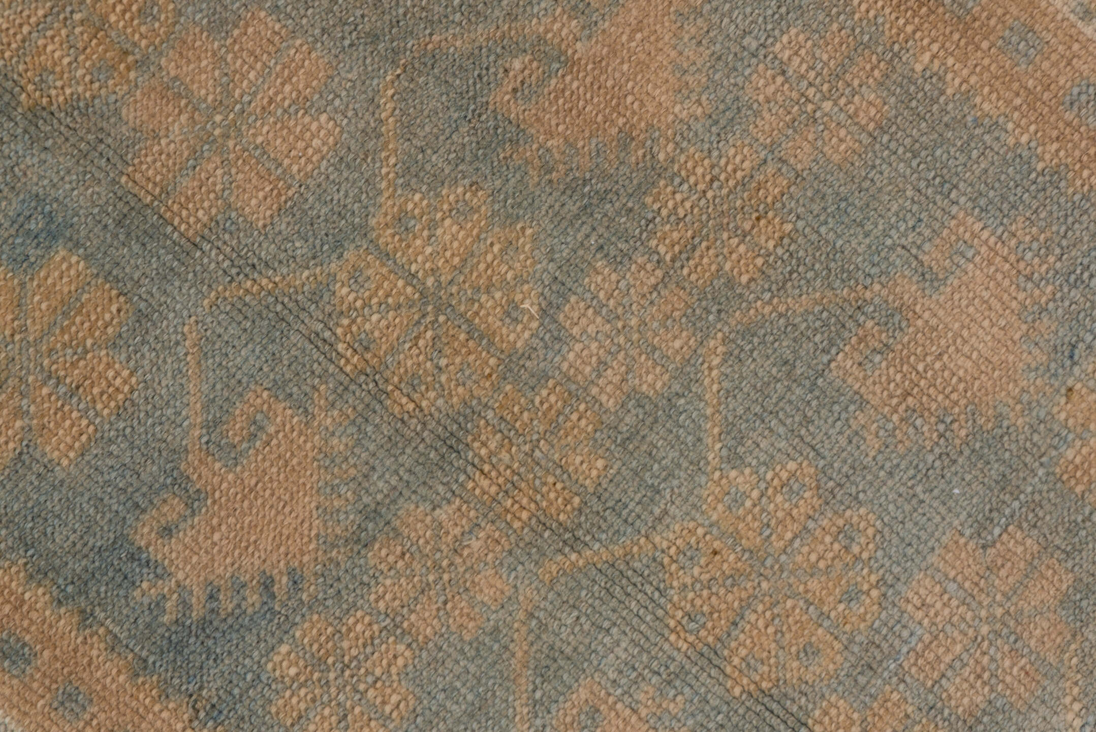 1' x 9' one-of-a-kind handmade antique Oushak rug. Color palette: camel, taupe, slate, ivory, sage, beige, gray, green