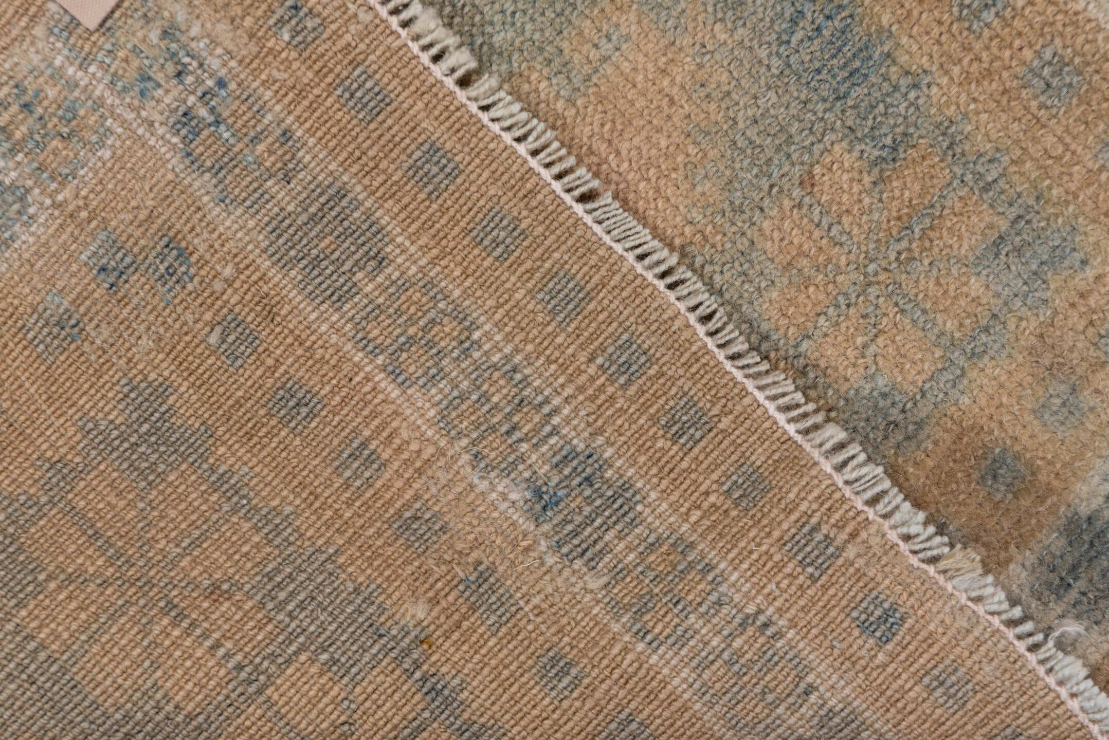 1' x 9' one-of-a-kind handmade antique Oushak rug. Color palette: camel, taupe, slate, ivory, sage, beige, gray, green