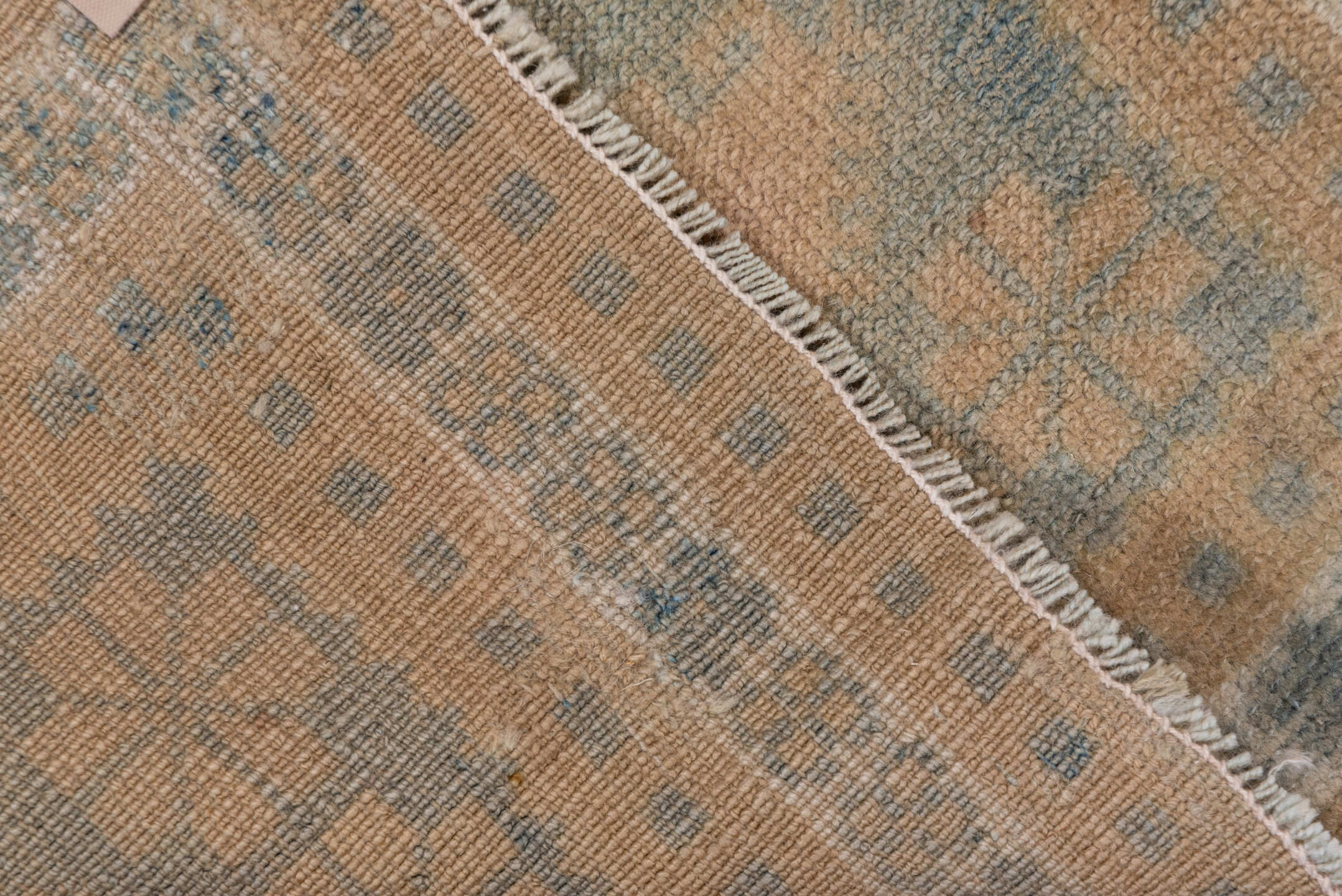 1' x 9' one-of-a-kind handmade antique Oushak rug. Color palette: camel, taupe, slate, ivory, sage, beige, gray, green