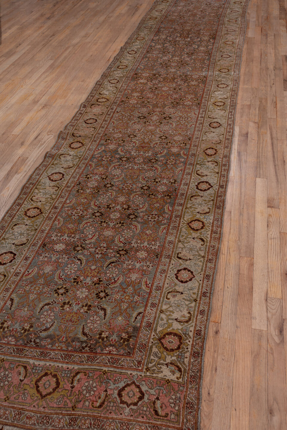 3' x 17' one-of-a-kind handmade antique Bidjar runner rug. Color palette: rose, ivory, slate blue, taupe, rust, camel, brown