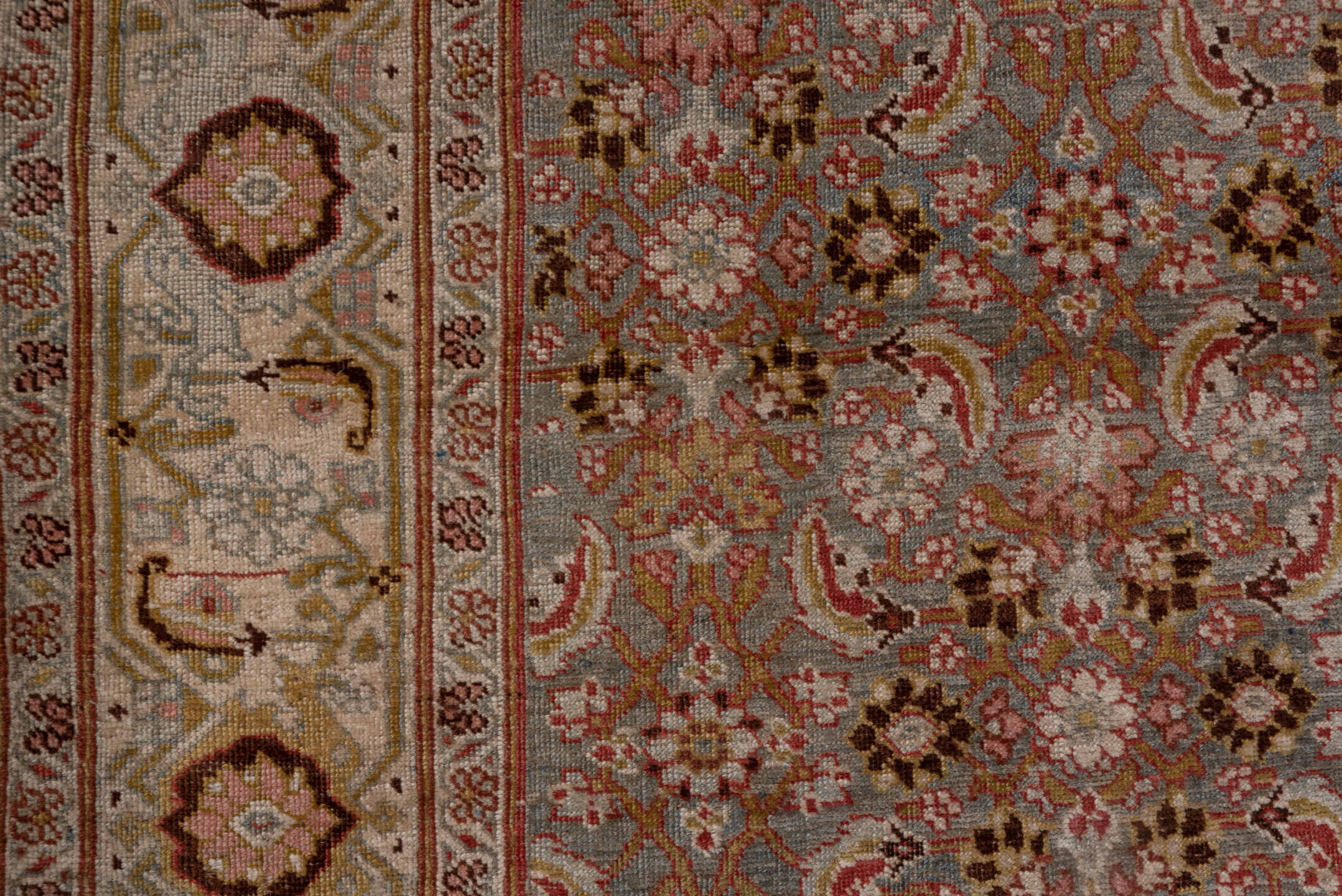 3' x 17' one-of-a-kind handmade antique Bidjar runner rug. Color palette: rose, ivory, slate blue, taupe, rust, camel, brown