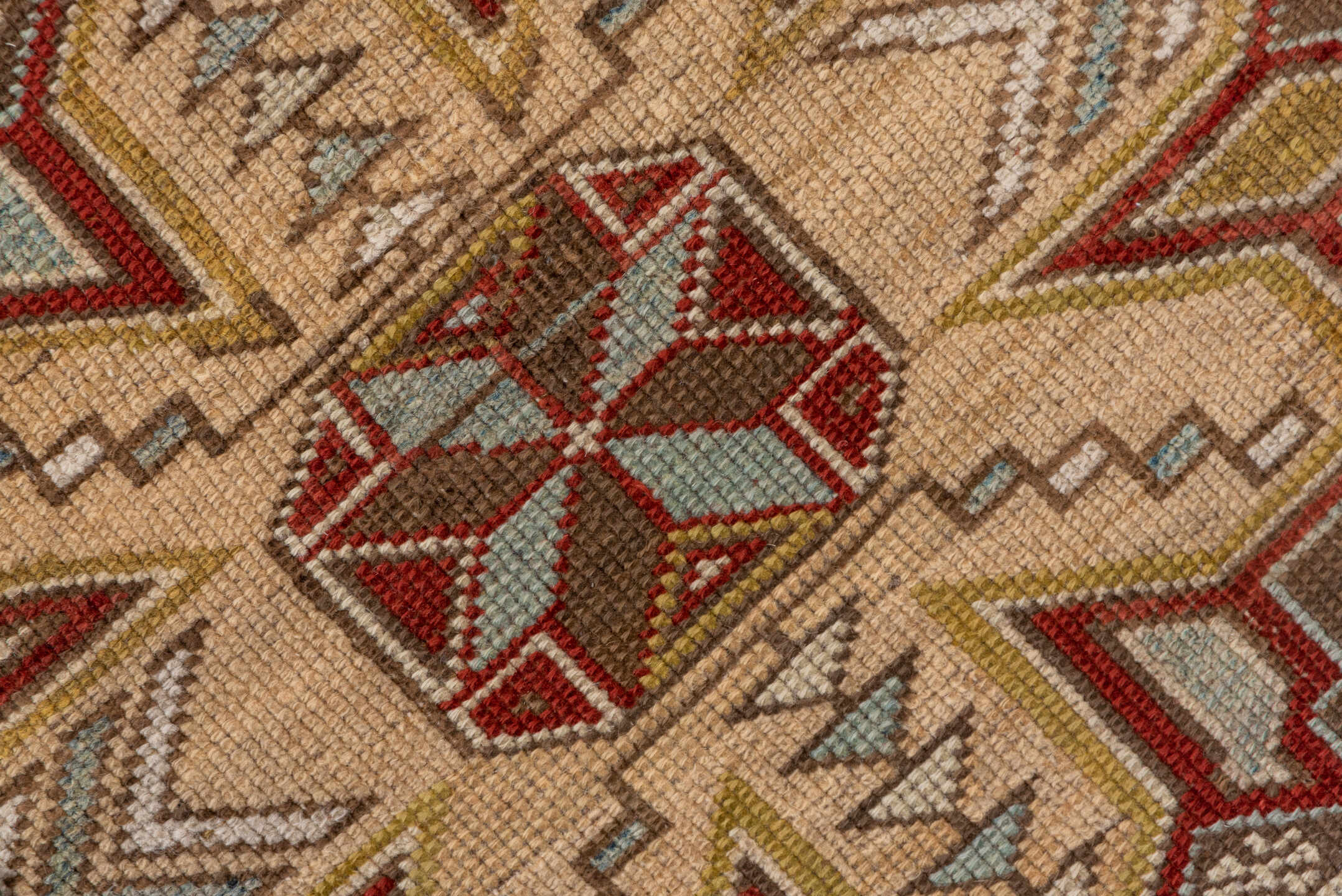 3' x 5' one-of-a-kind handmade antique Shirvan small size rug. Color palette: ivory, pale blue, rust, brown, camel, taupe
