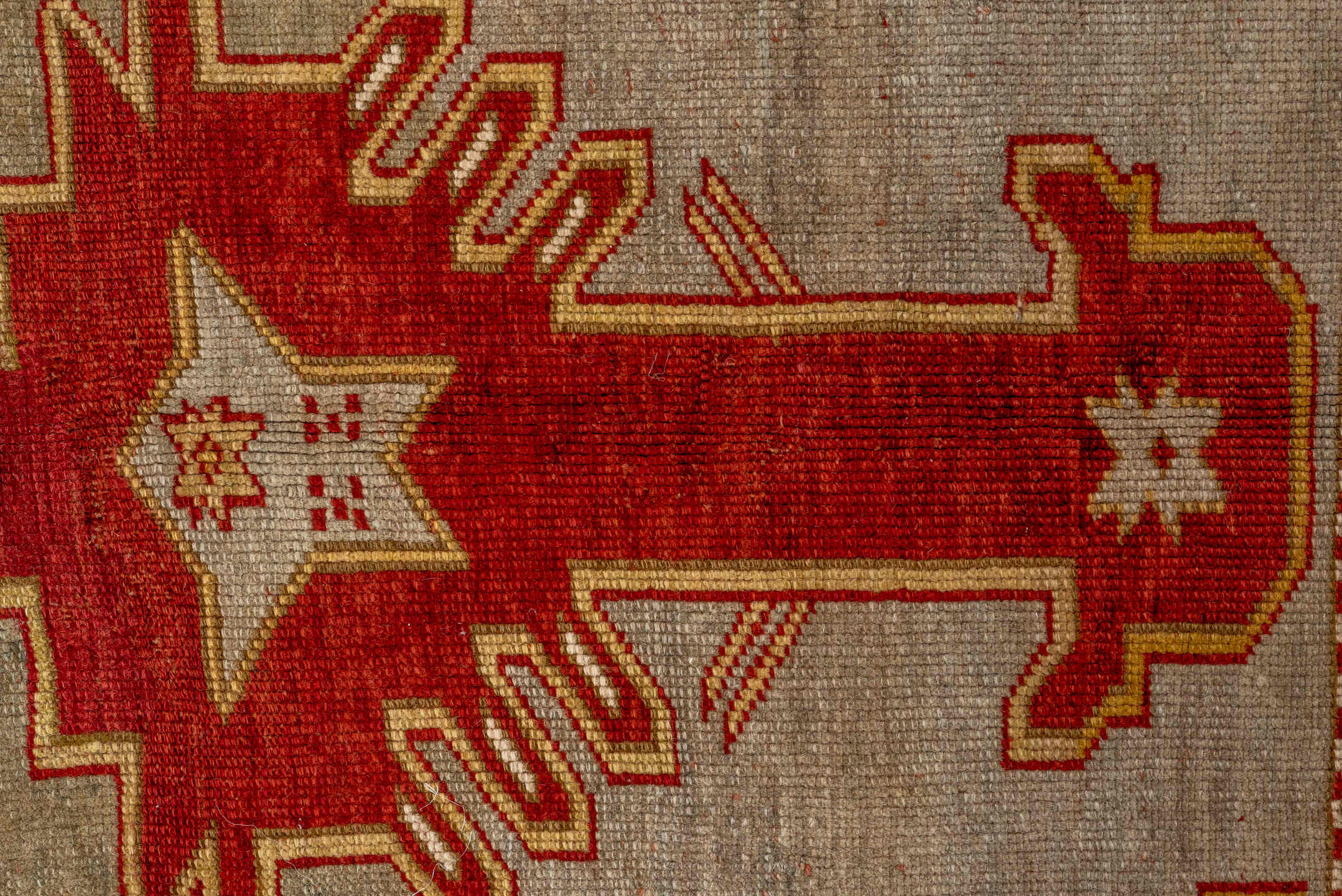 4' x 6' one-of-a-kind handmade antique Caucasian rug. Color palette: ivory, rust, crimson, camel, gold, taupe, terracotta