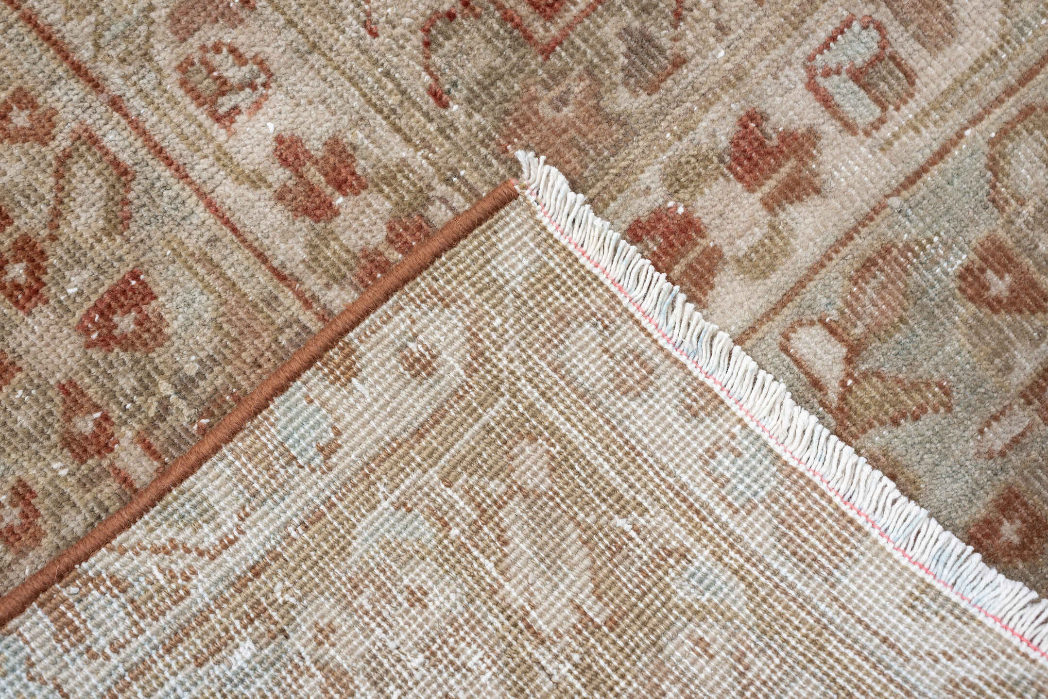8' x 11' one-of-a-kind handmade antique Sarouk large size rug. Color palette: terracotta, ivory, taupe, camel, rose, sage