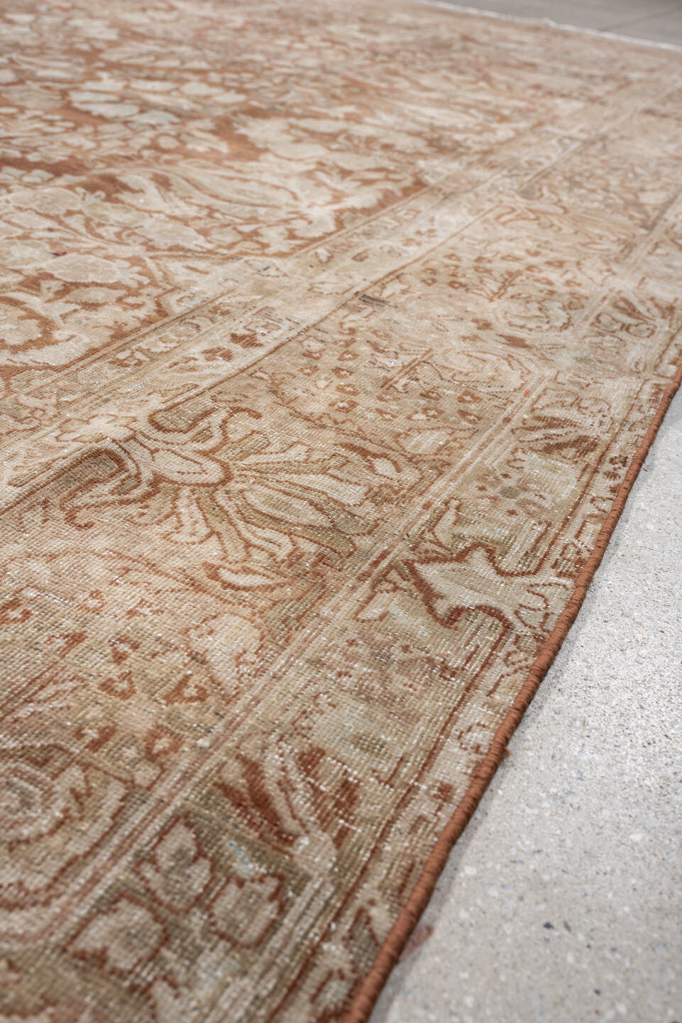 8' x 11' one-of-a-kind handmade antique Sarouk large size rug. Color palette: terracotta, ivory, taupe, camel, rose, sage