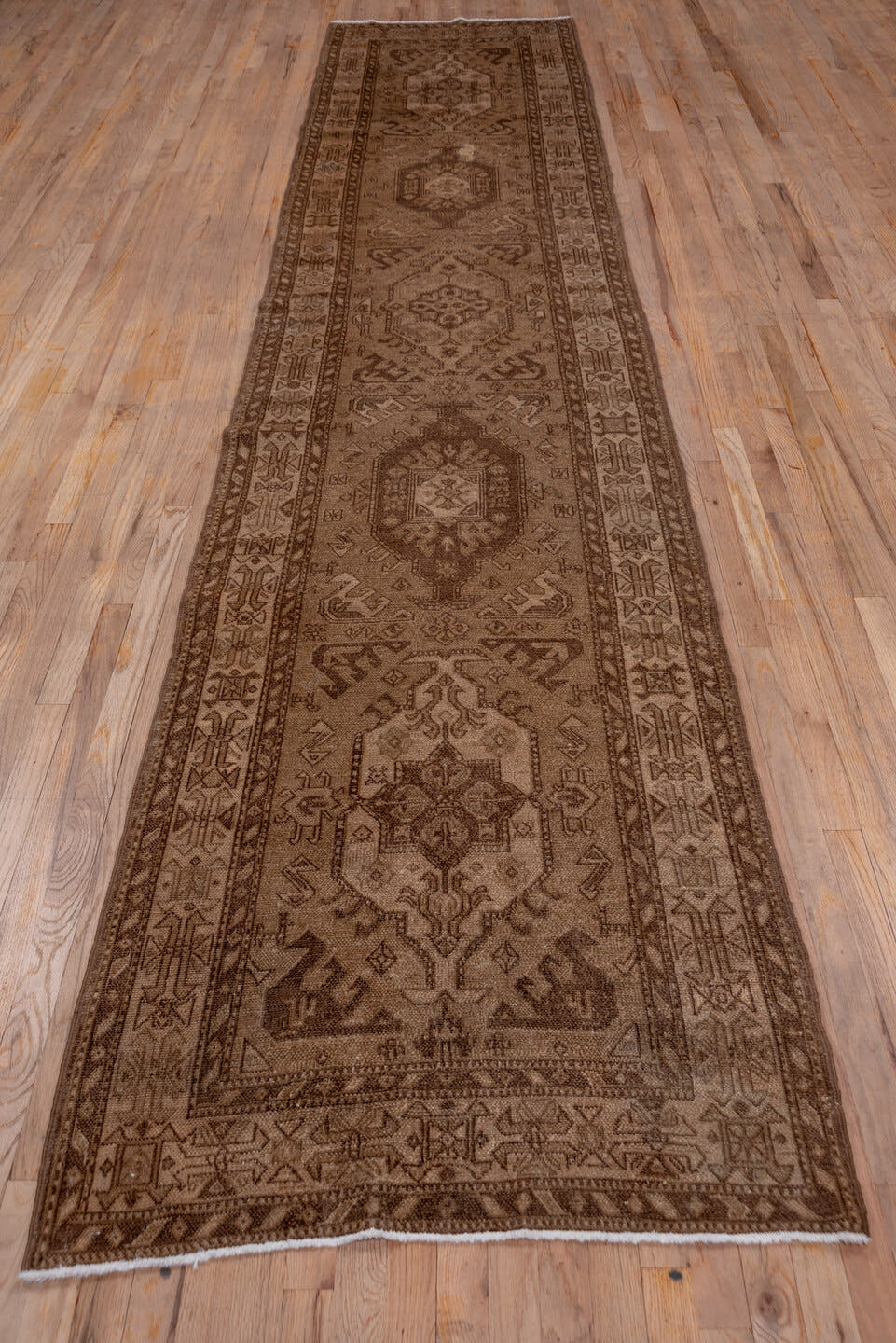 3' x 15' one-of-a-kind handmade antique NW Persian runner rug. Color palette: taupe, brown, camel, mocha, ivory, beige, gray