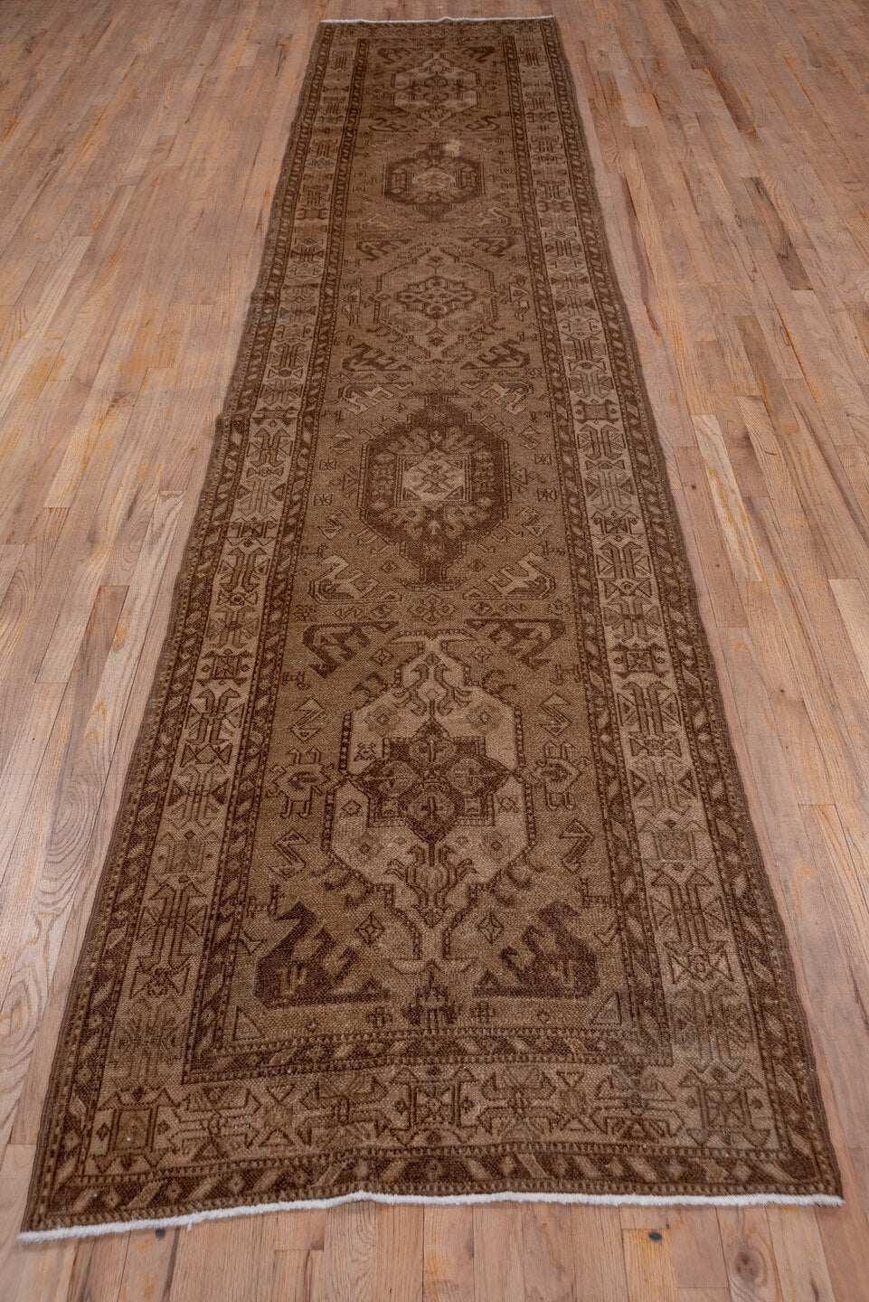 3' x 15' one-of-a-kind handmade antique NW Persian runner rug. Color palette: taupe, brown, camel, mocha, ivory, beige, gray