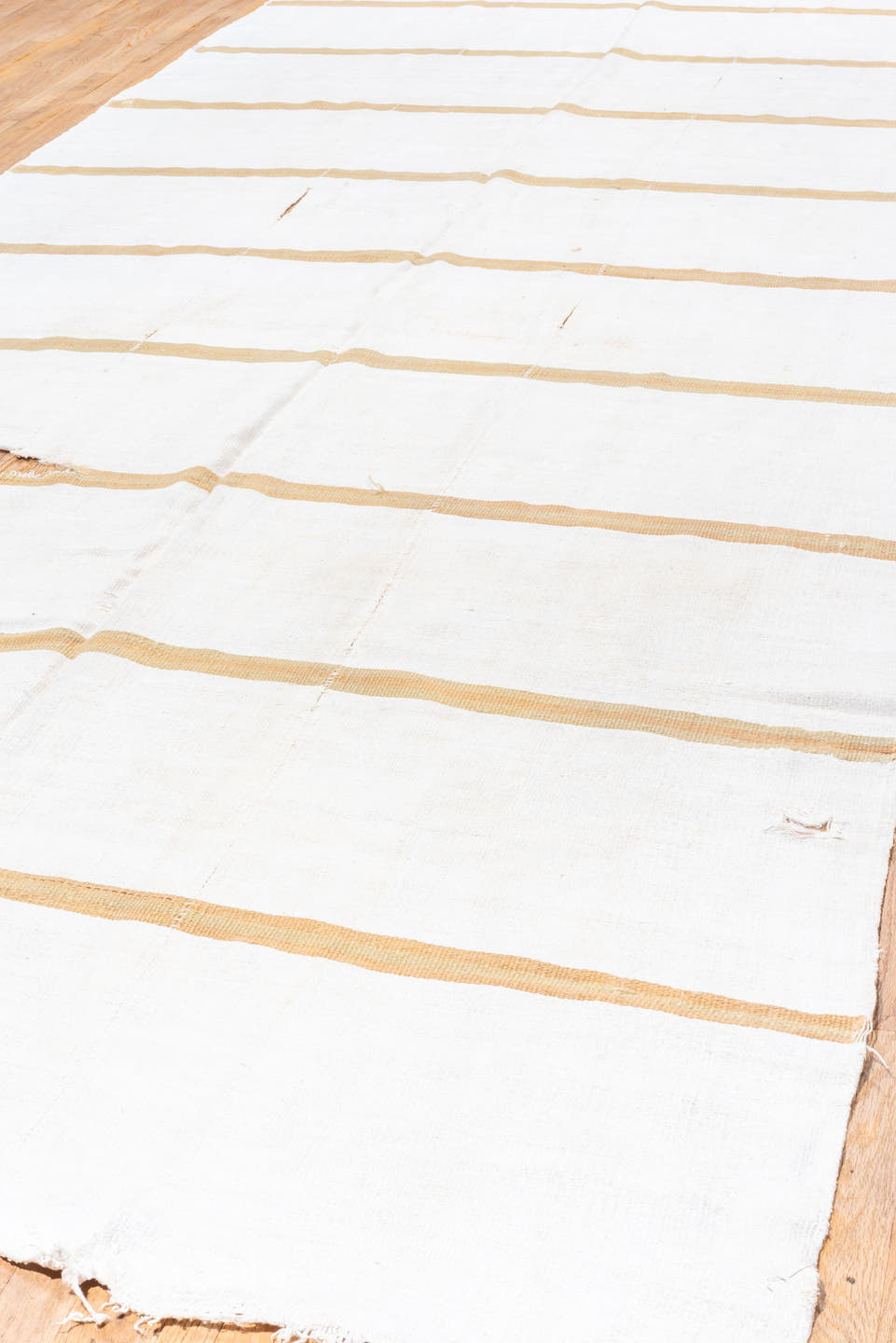 6' x 15' one-of-a-kind handmade antique Hemp Kilim rug. Color palette: ivory, camel, cream, beige