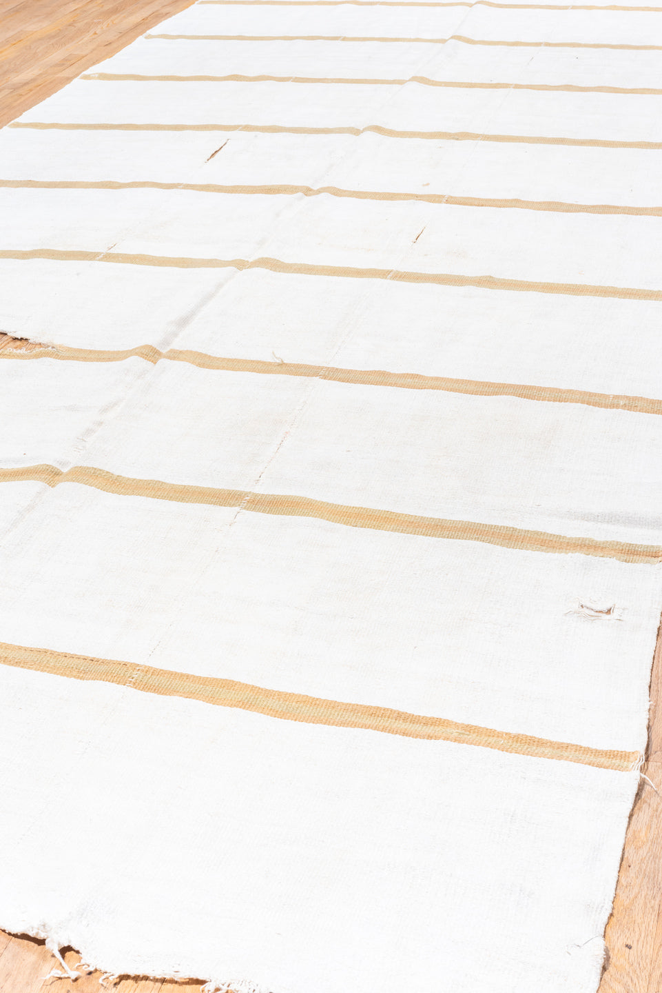 6' x 15' one-of-a-kind handmade antique Hemp Kilim rug. Color palette: ivory, camel, cream, beige