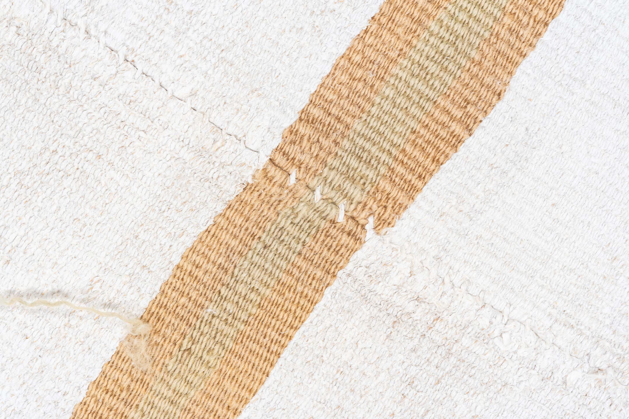 6' x 15' one-of-a-kind handmade antique Hemp Kilim rug. Color palette: ivory, camel, cream, beige
