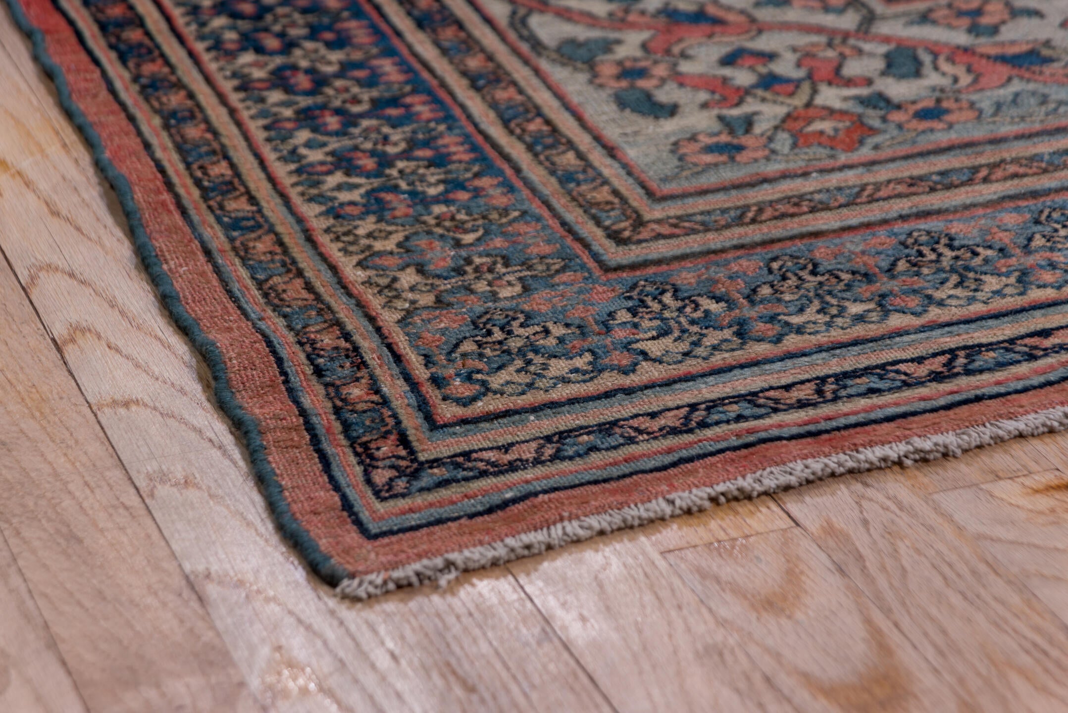 10' x 14' one-of-a-kind handmade antique Khorassan large size rug. Color palette: terra cotta, navy, pale blue, ivory, rust