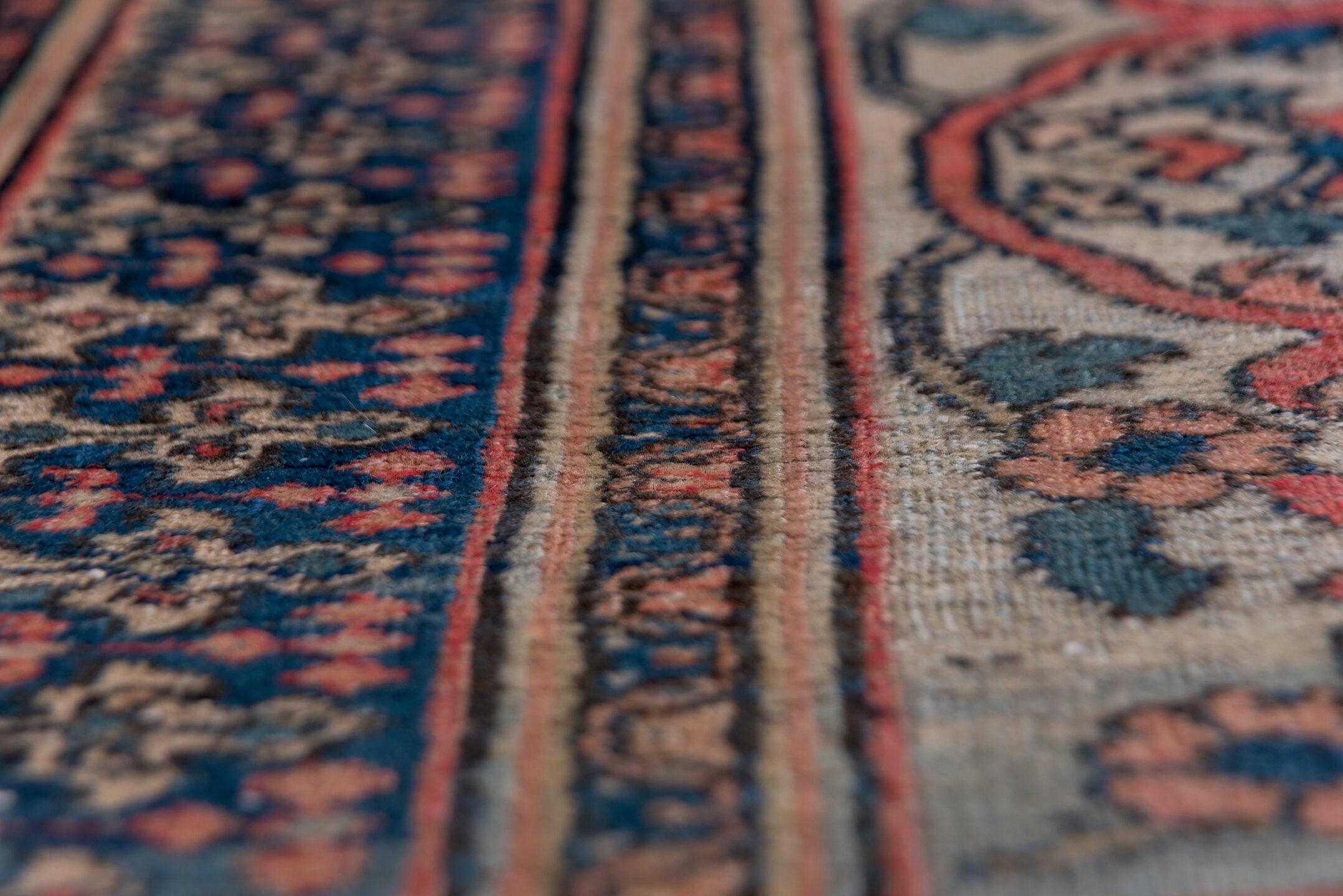 10' x 14' one-of-a-kind handmade antique Khorassan large size rug. Color palette: terra cotta, navy, pale blue, ivory, rust