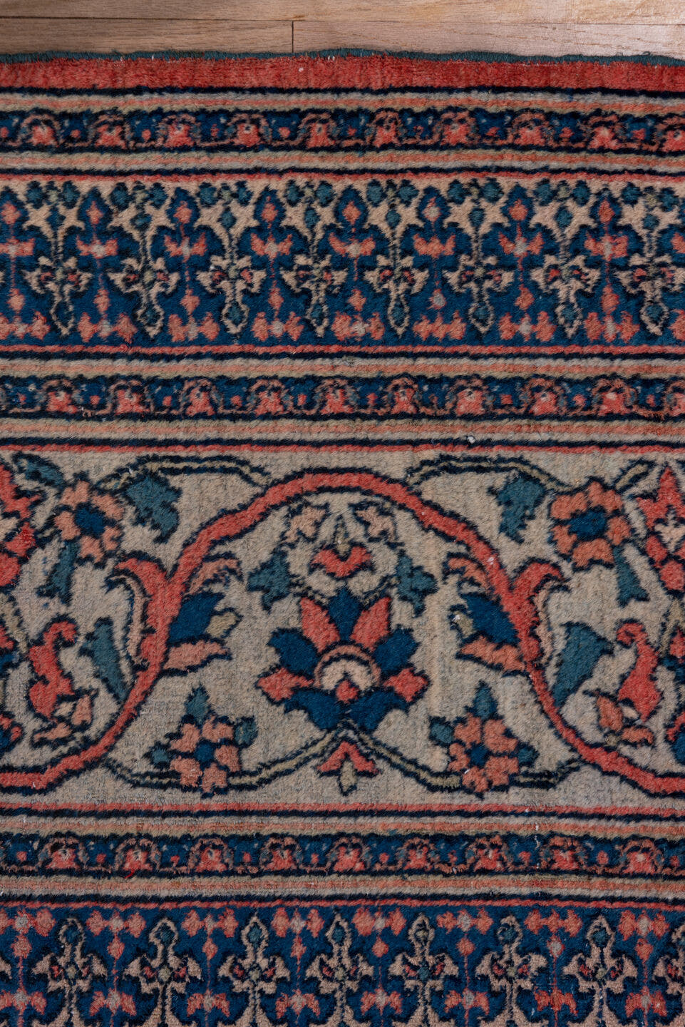 10' x 14' one-of-a-kind handmade antique Khorassan large size rug. Color palette: terra cotta, navy, pale blue, ivory, rust