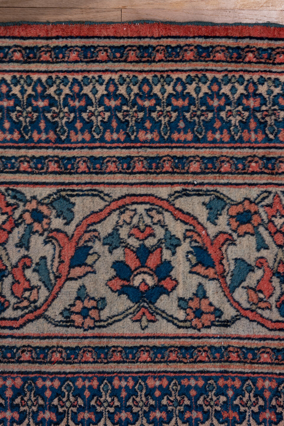 10' x 14' one-of-a-kind handmade antique Khorassan large size rug. Color palette: terra cotta, navy, pale blue, ivory, rust