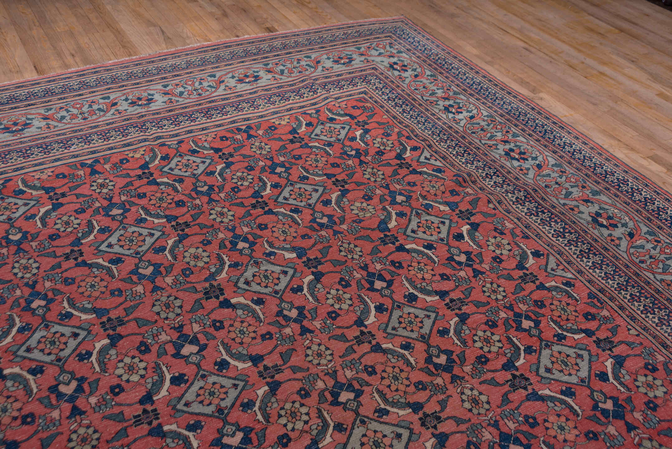 10' x 14' one-of-a-kind handmade antique Khorassan large size rug. Color palette: terra cotta, navy, pale blue, ivory, rust