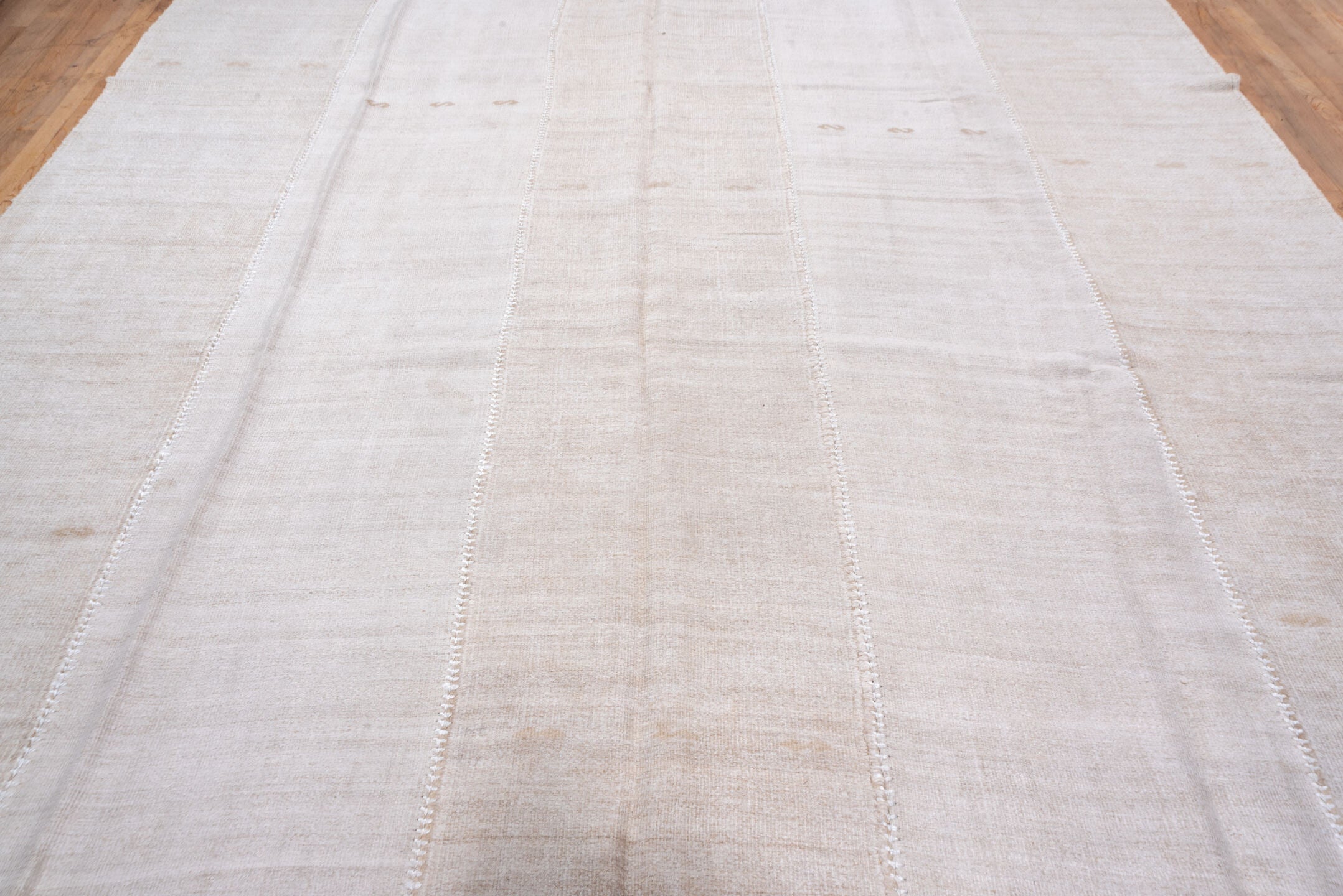 6' x 15' one-of-a-kind handmade vintage Hemp Kilim rug. Color palette: ivory, cream, beige, taupe, gray
