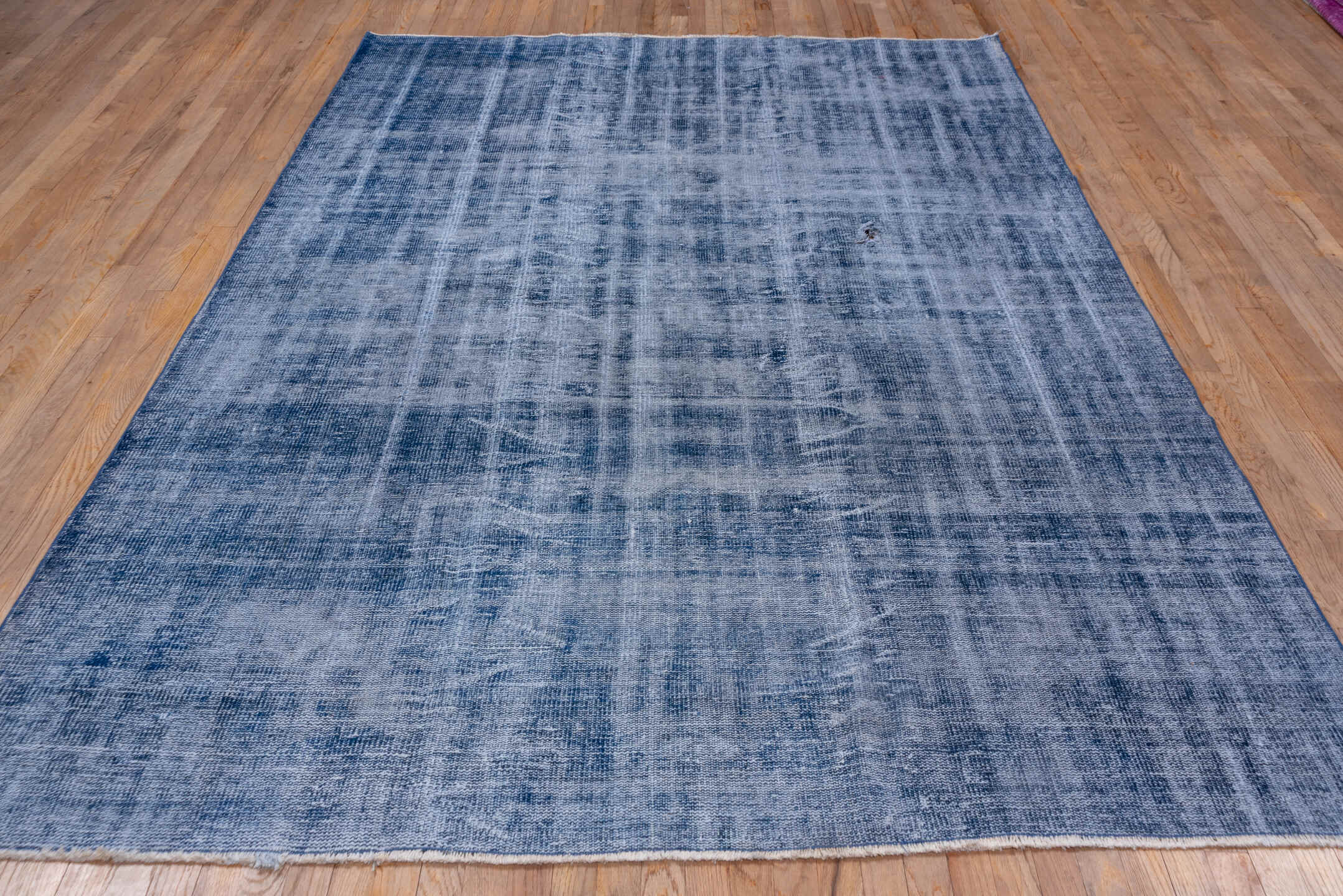 7' x 10' one-of-a-kind handmade vintage Overdyed large size rug. Color palette: blue, slate, ivory, gray
