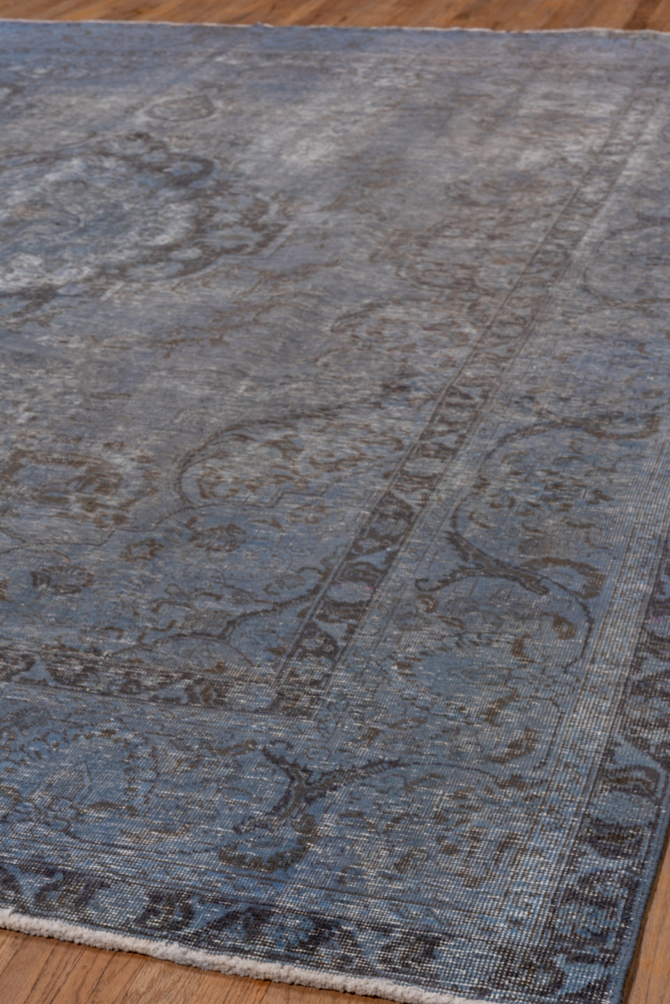 9' x 12' one-of-a-kind handmade antique Overdyed large size rug. Color palette: slate, steel blue, charcoal, ivory, gray