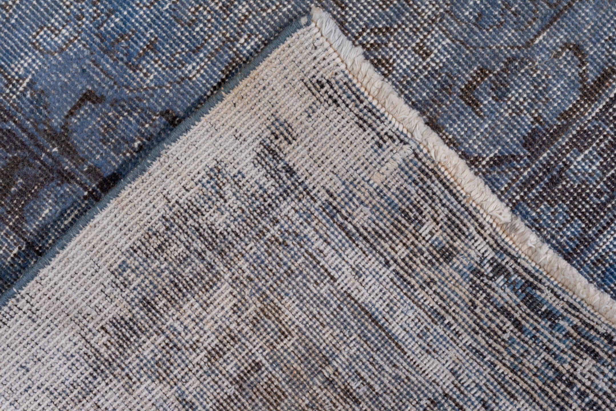 9' x 12' one-of-a-kind handmade antique Overdyed large size rug. Color palette: slate, steel blue, charcoal, ivory, gray