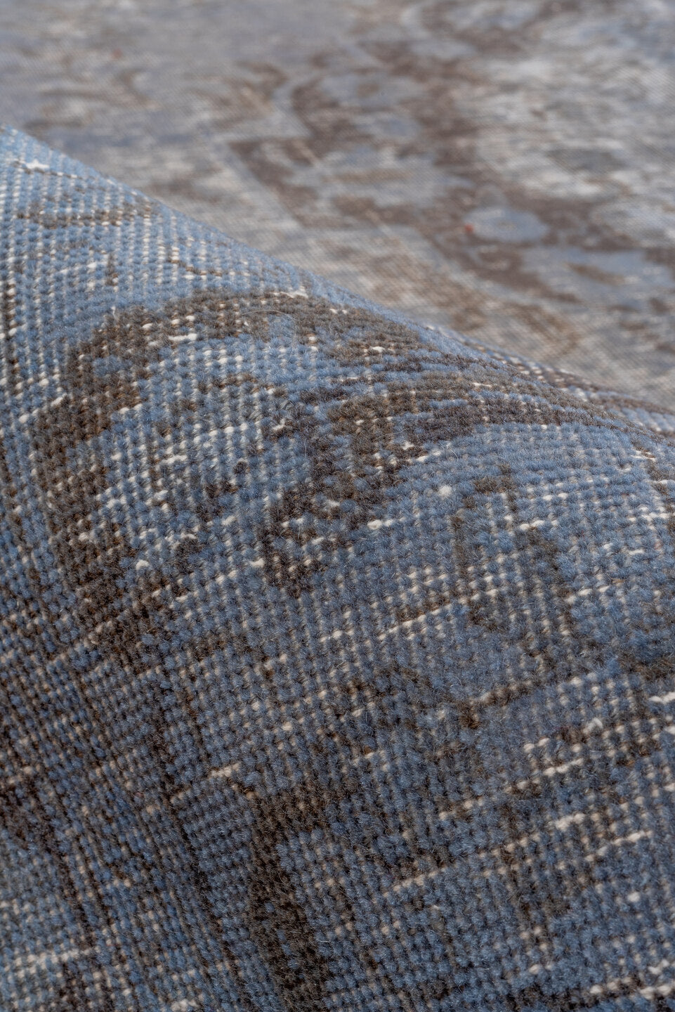 9' x 12' one-of-a-kind handmade antique Overdyed large size rug. Color palette: slate, steel blue, charcoal, ivory, gray