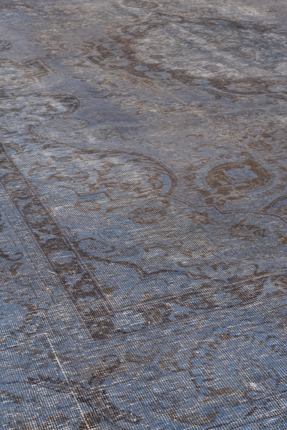 9' x 12' one-of-a-kind handmade antique Overdyed large size rug. Color palette: slate, steel blue, charcoal, ivory, gray